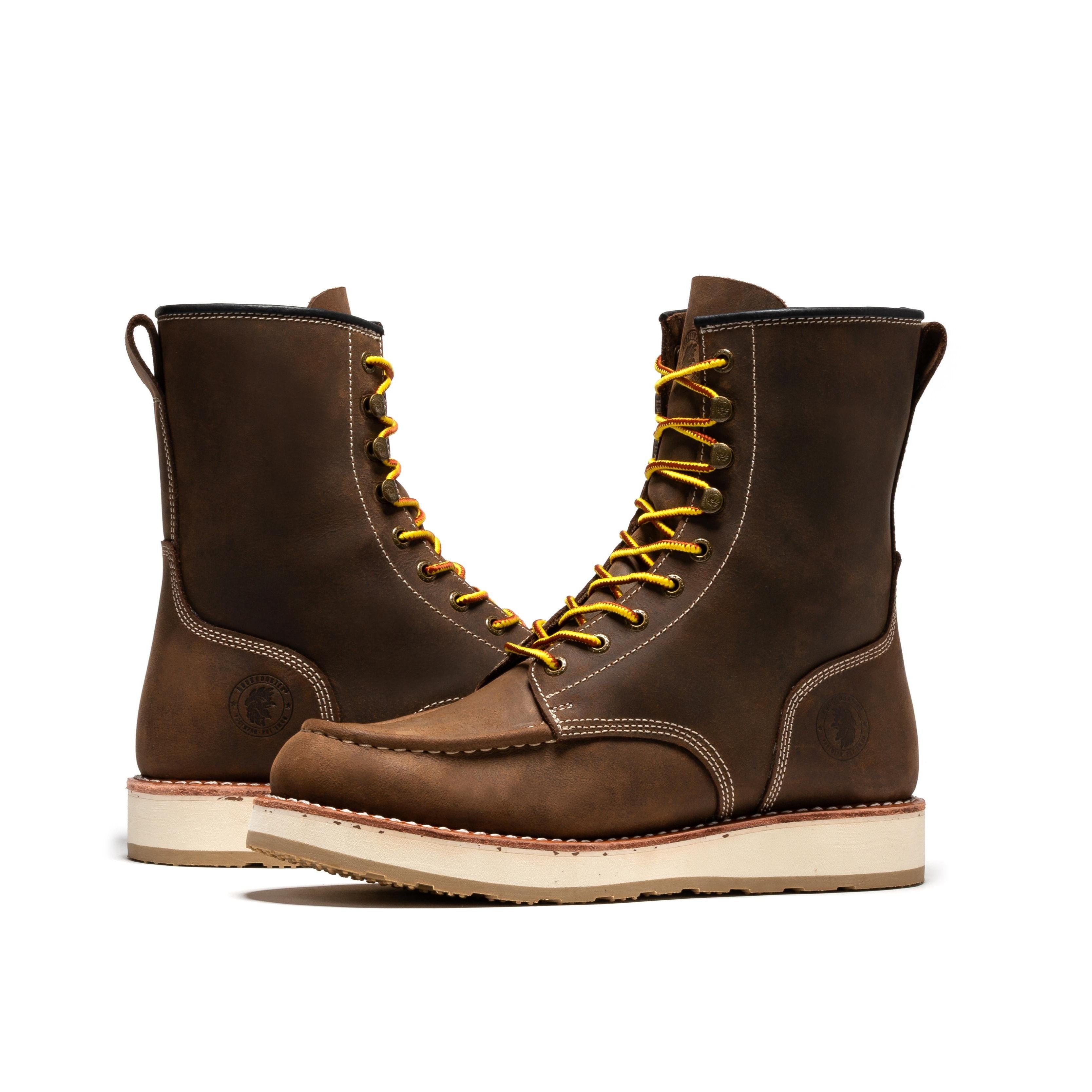 Rockrooster Mantua men's 8-inch dark brown soft toe wedge work boots with sturdy leather construction and rugged outsole.