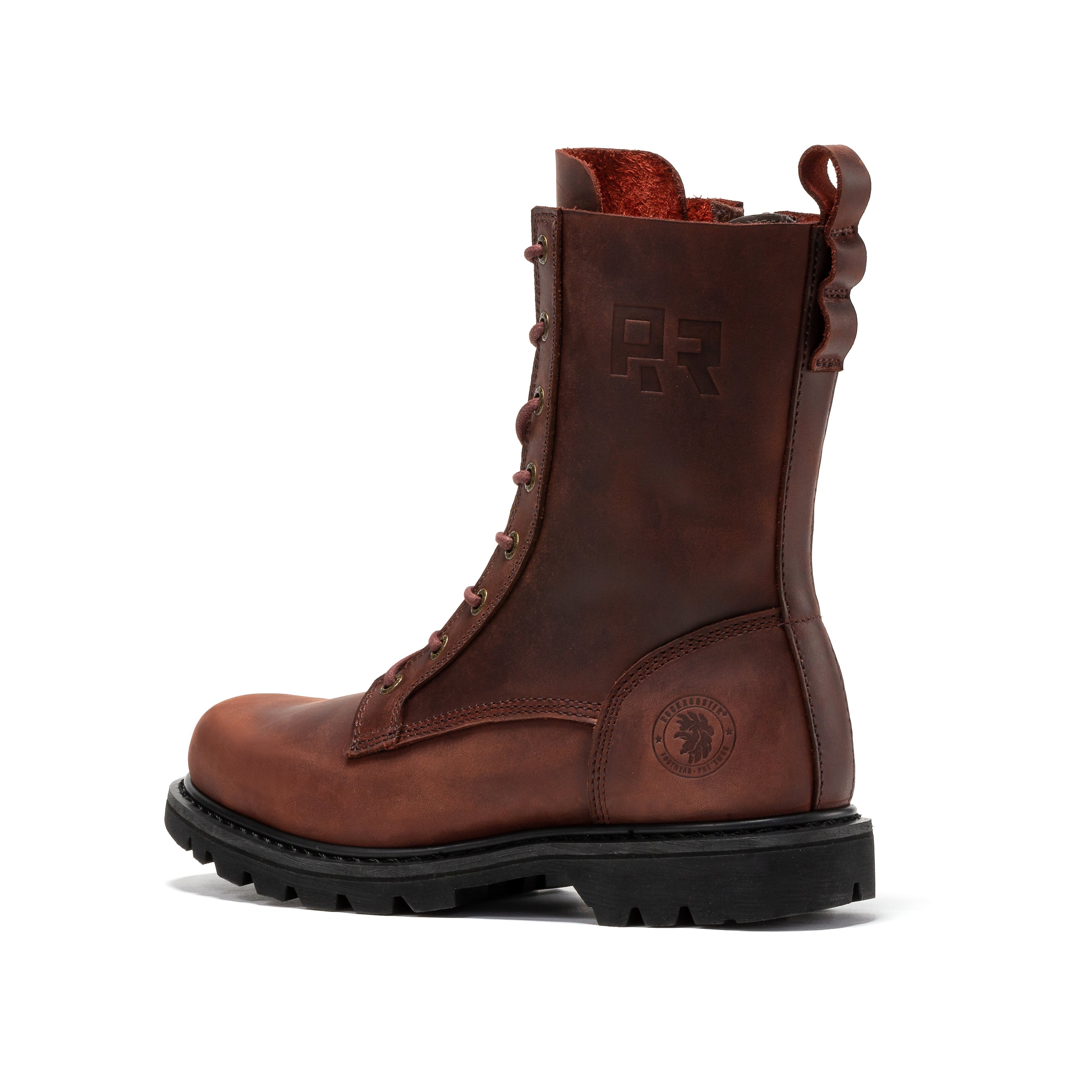 Rock Rooster Mantua men's 8-inch zip-sided work boots with soft toe and lug sole, shown in a natural stance.