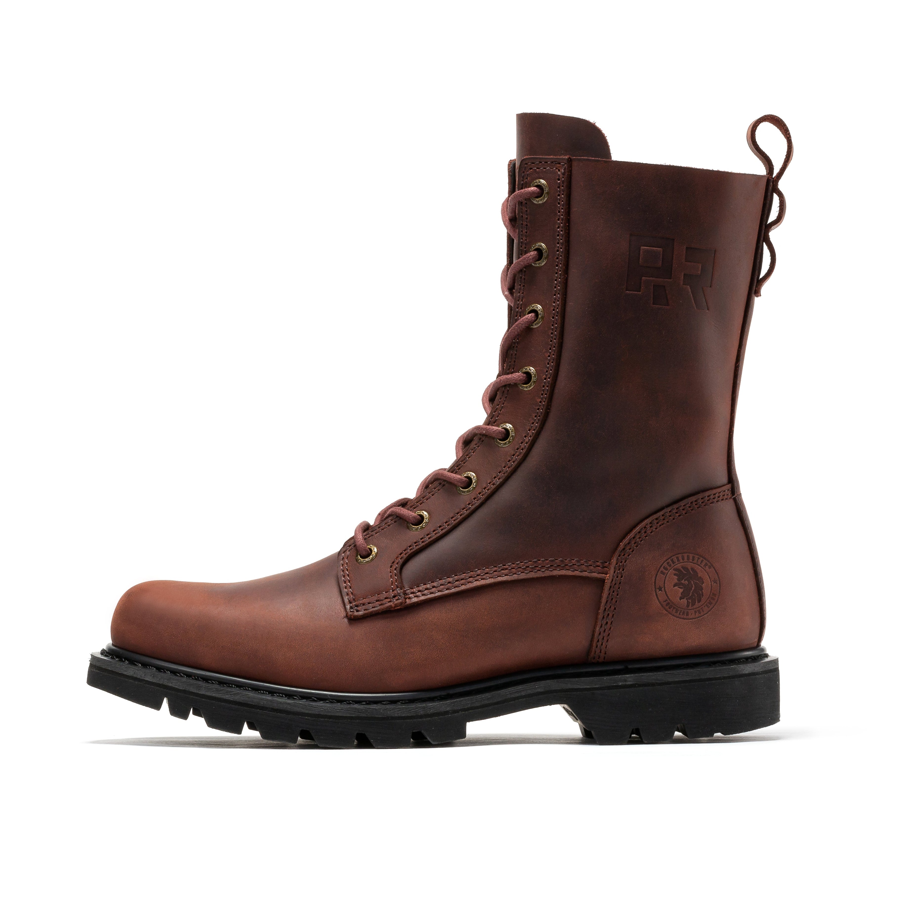 Rock Rooster Mantua men's 8-inch zip-sided soft toe work boots with lug soles, sturdy leather construction, and secure zipper closure.