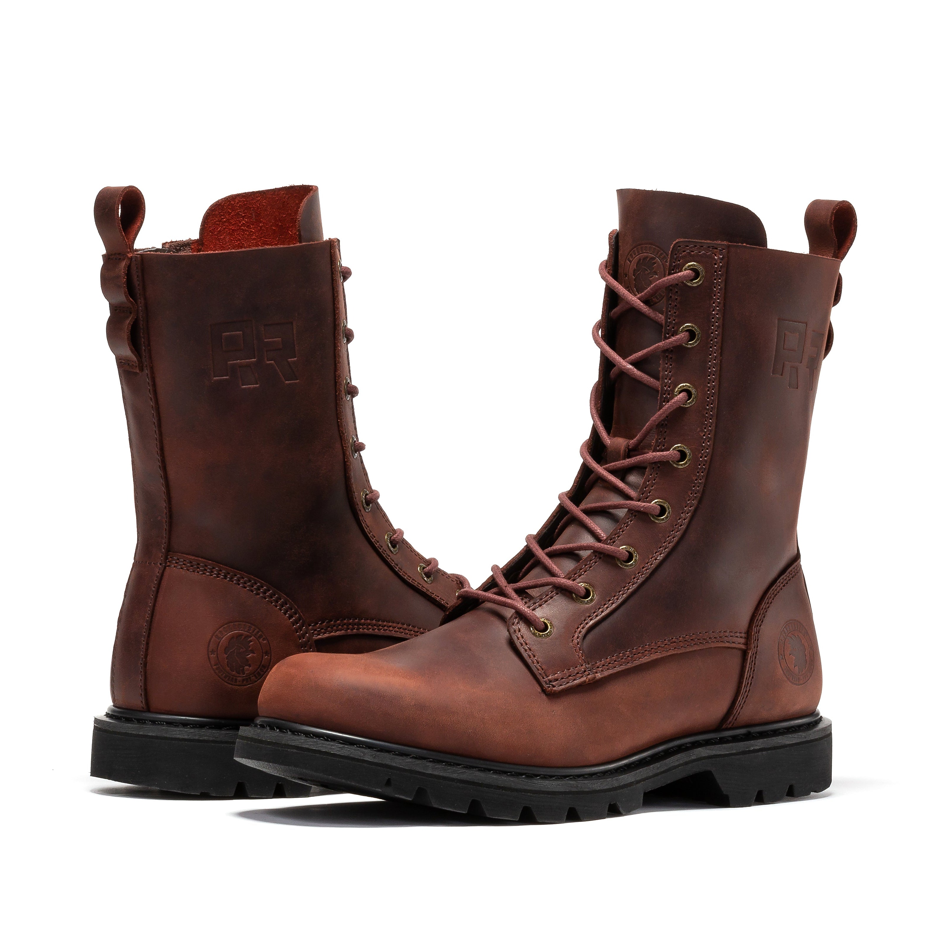 Rock Rooster Mantua men's 8-inch zip-sided work boots with soft toe and lug sole, showing sturdy leather construction.