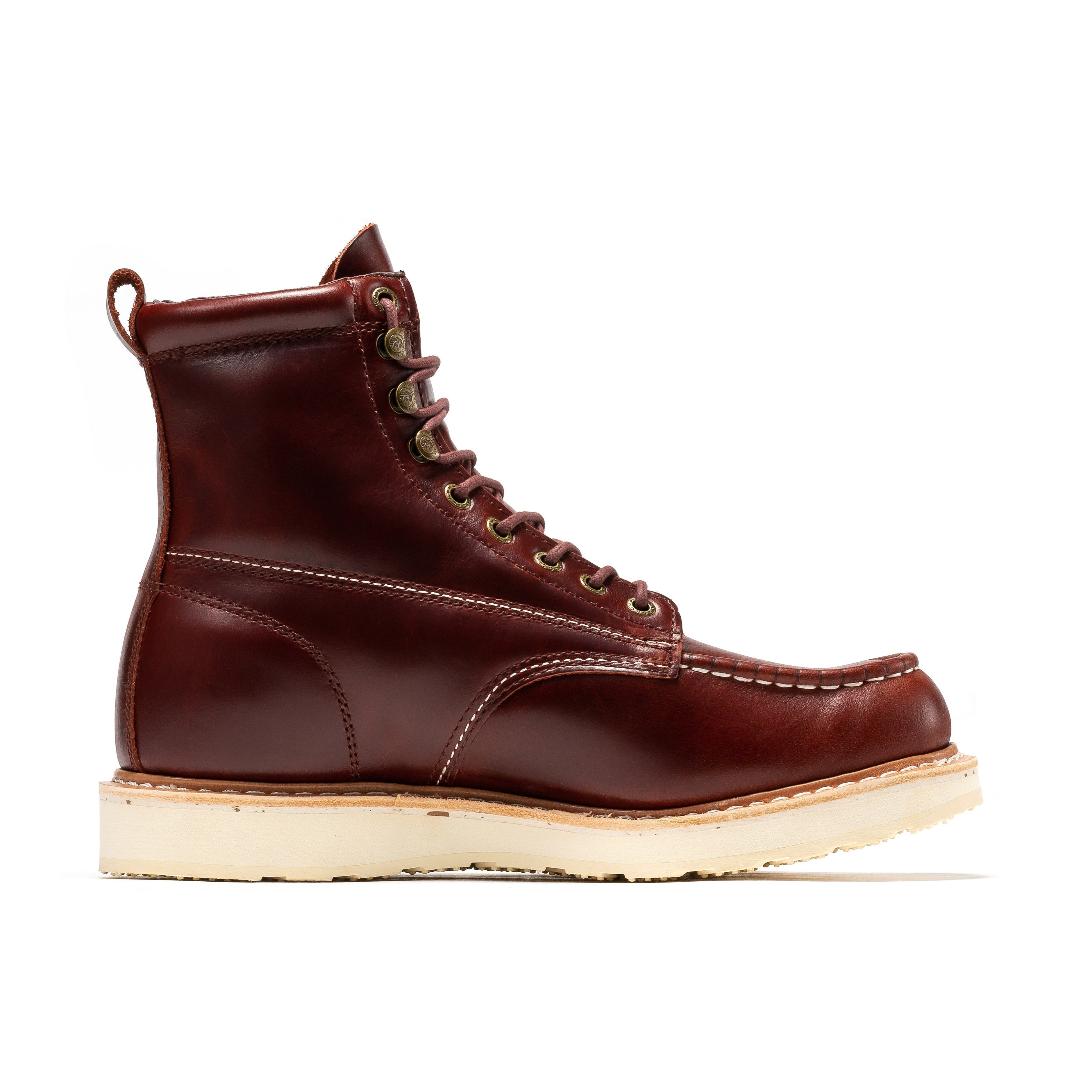 Rockrooster Norwood cherry brown men's 6-inch soft toe wedge work boots with rugged leather and sturdy sole.