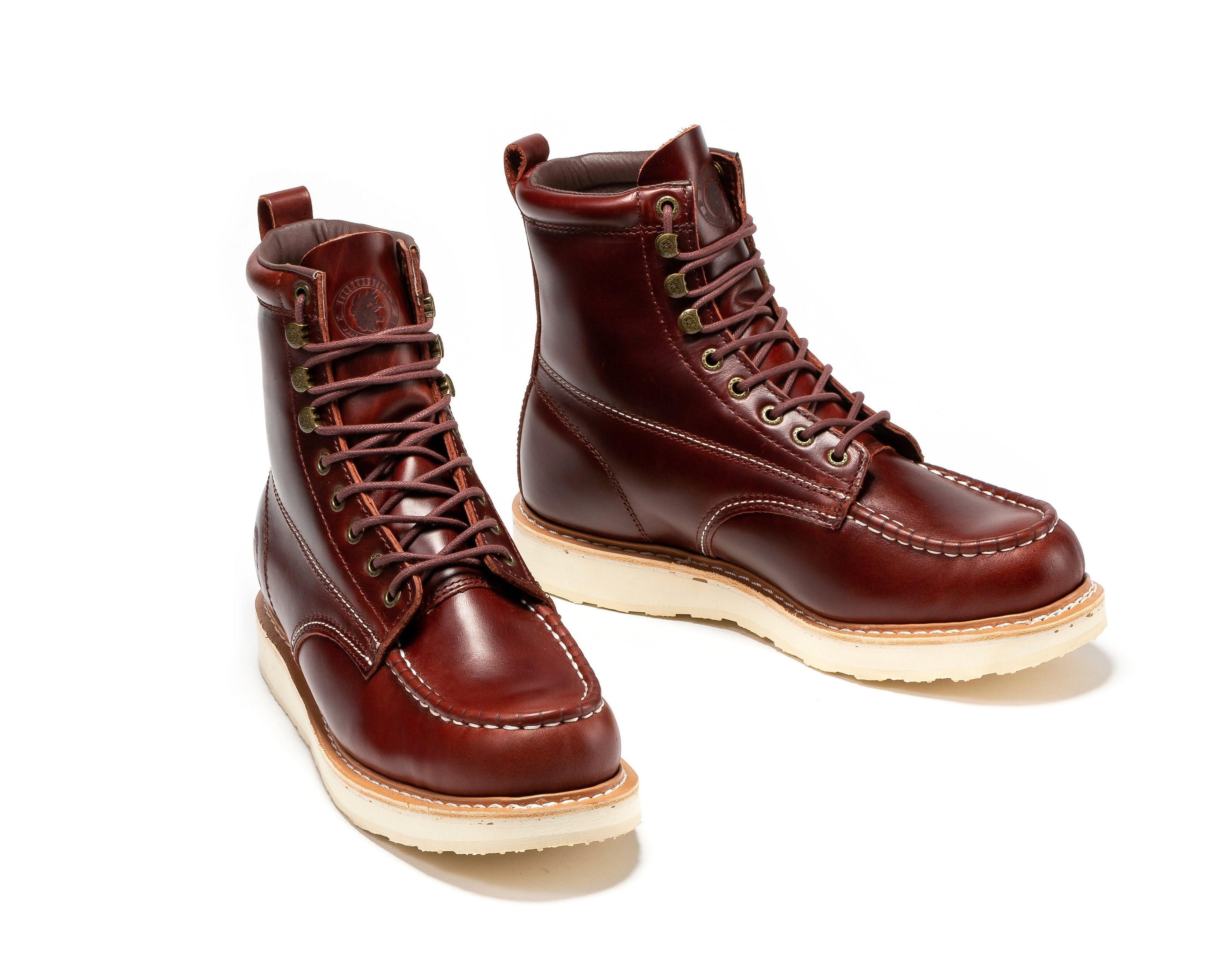 Rockrooster Norwood Cherry Brown men's 6-inch soft toe wedge work boots with rugged leather and sturdy sole.
