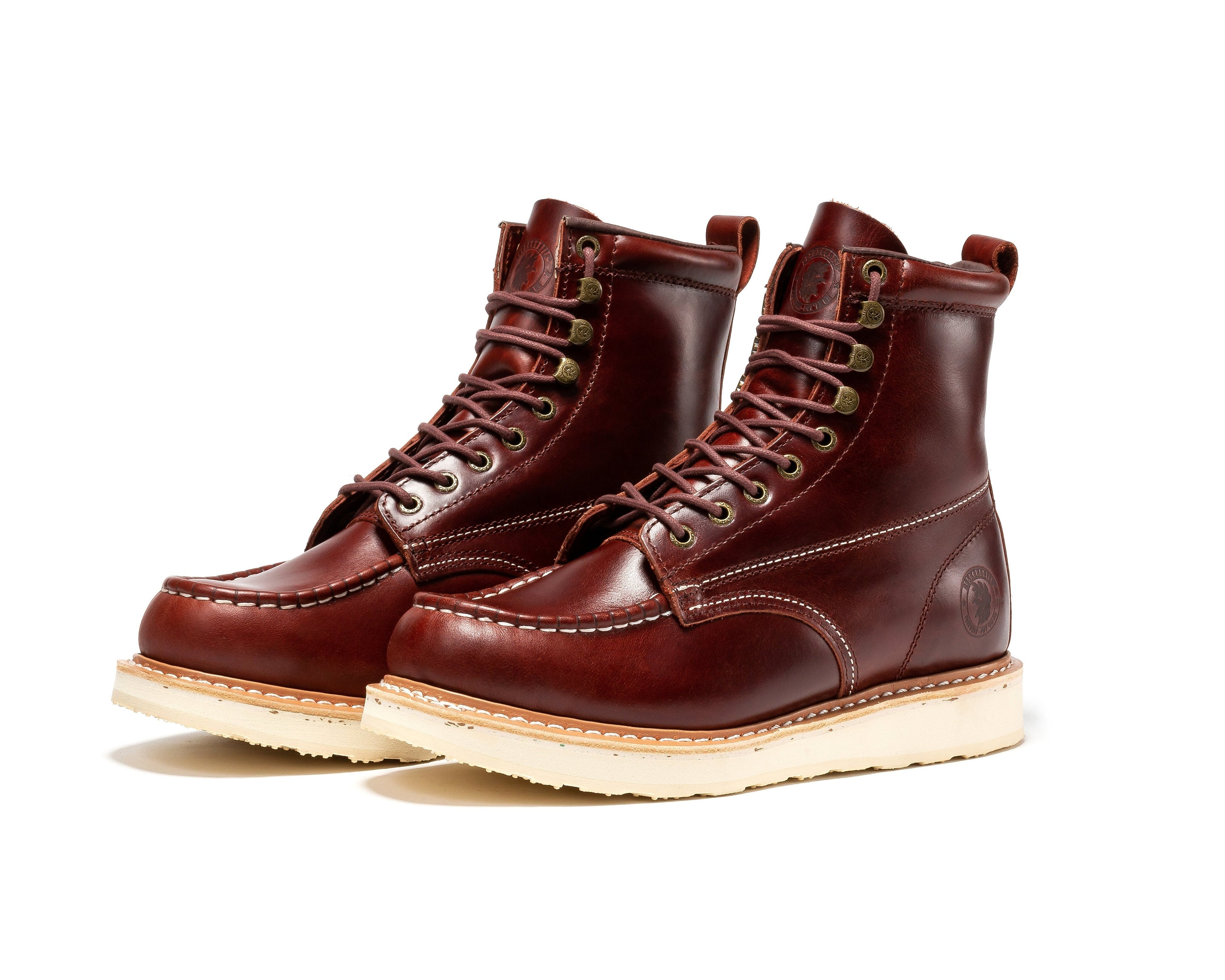RockROOSTER Norwood Cherry Brown men's 6-inch soft toe wedge work boots with sturdy leather construction and rugged outsole.