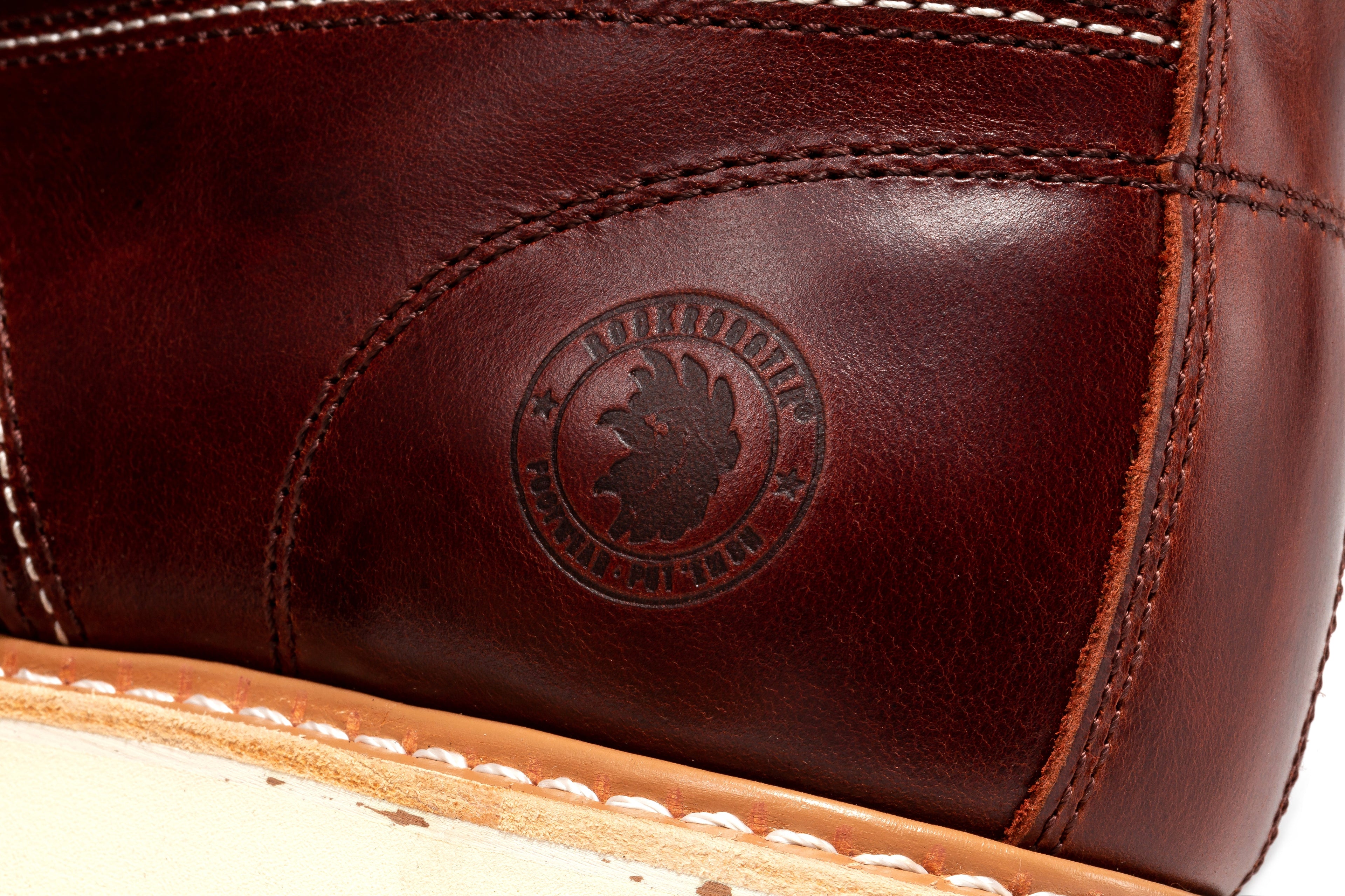 RockRooster Norwood Cherry Brown men's 6-inch soft toe wedge work boots with rugged leather and sturdy sole.