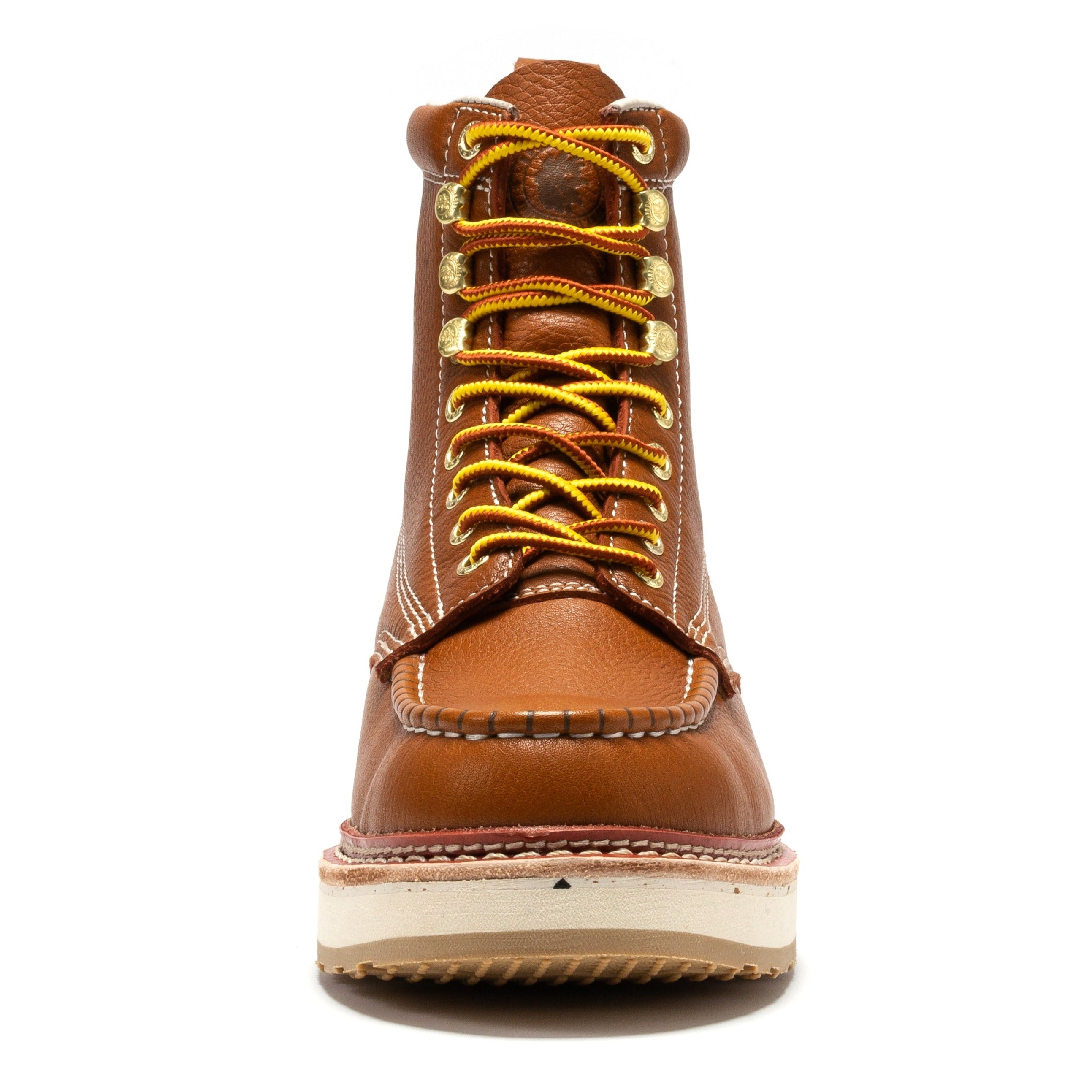 RockRooster Norwood men's 6-inch brown soft toe wedge work boots with sturdy leather construction and rugged outsole.