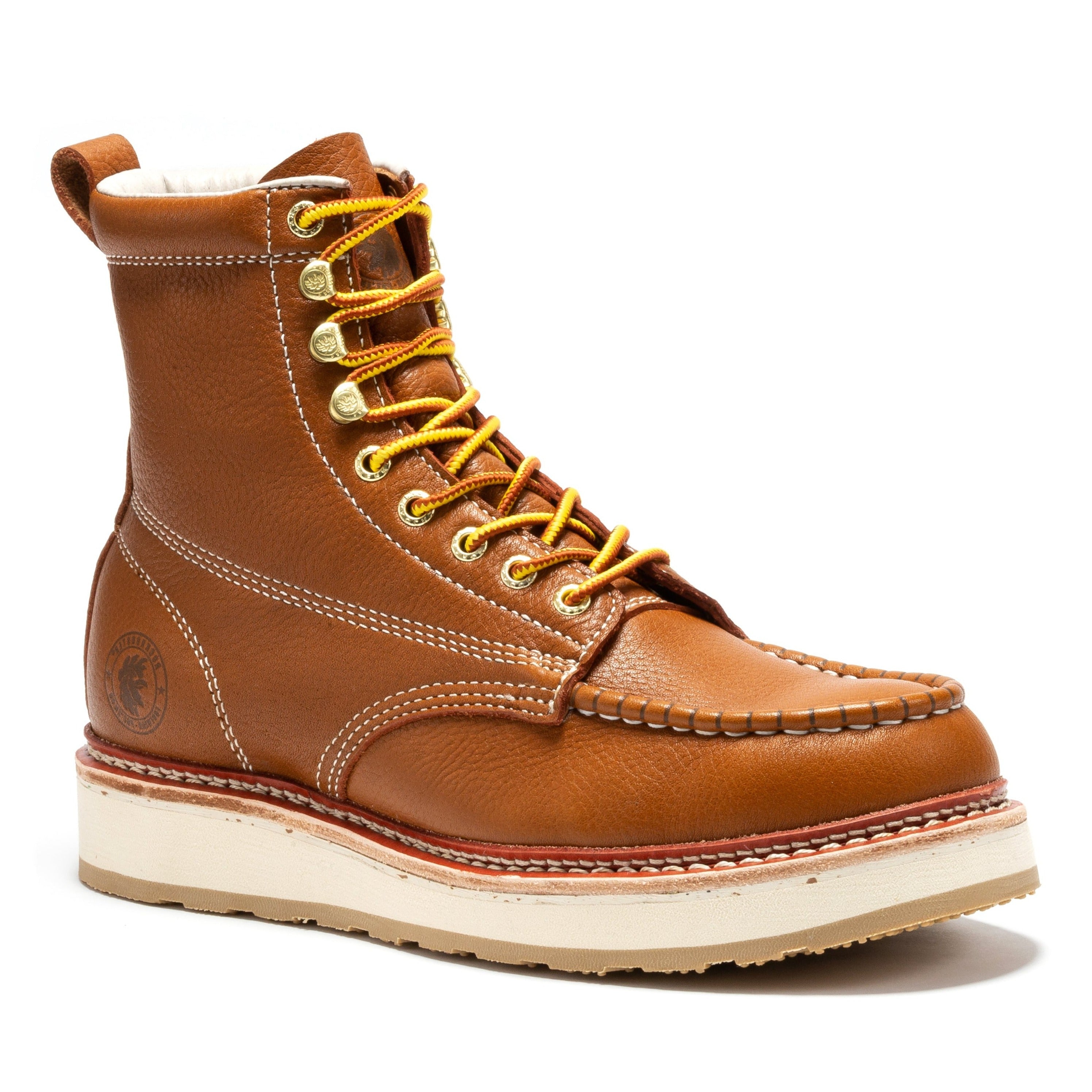Rockrooster Norwood men's 6-inch brown soft toe wedge work boots with sturdy leather construction and rugged outsole.