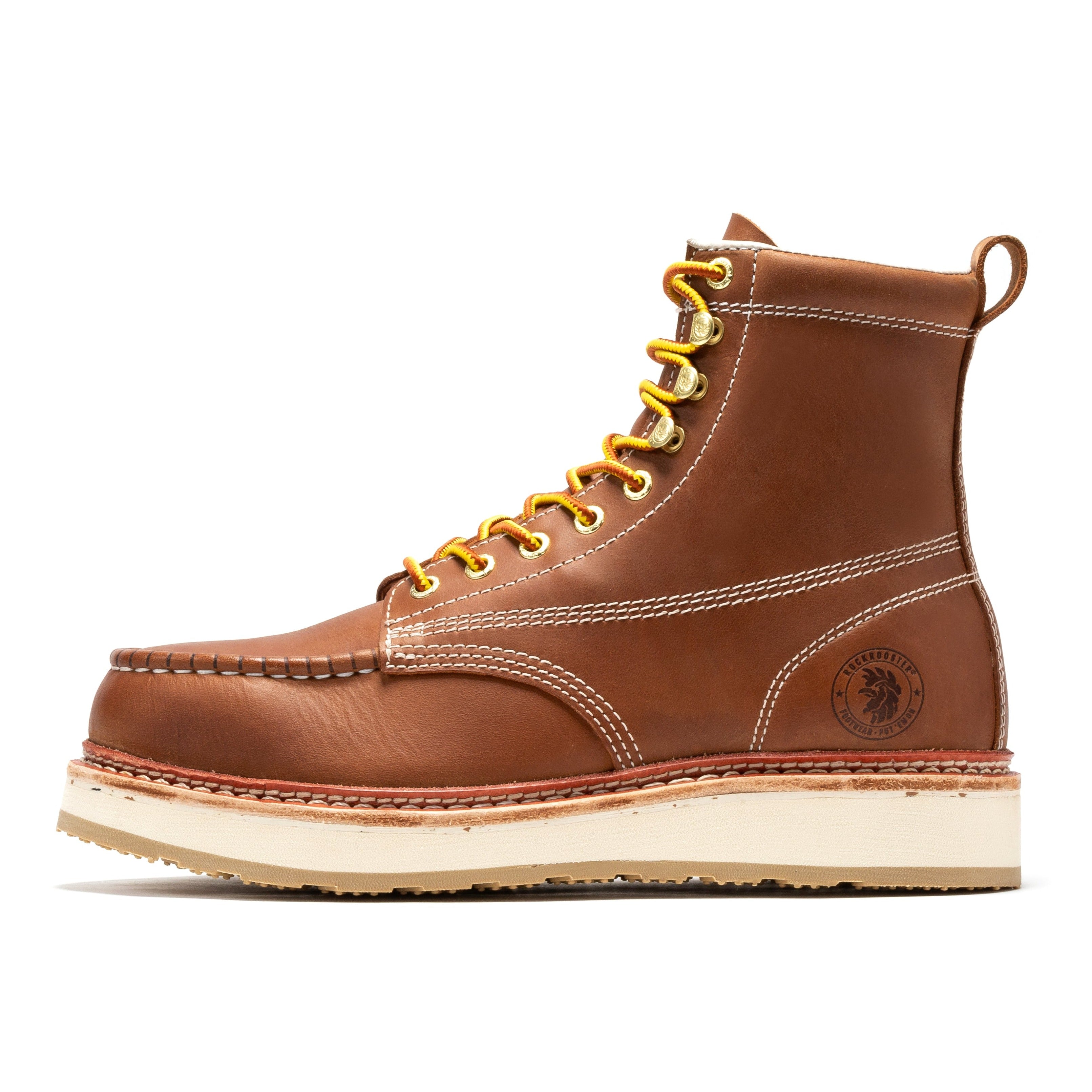 Rock Rooster Norwood men's 6-inch brown steel toe wedge work boots with sturdy leather construction and durable soles.