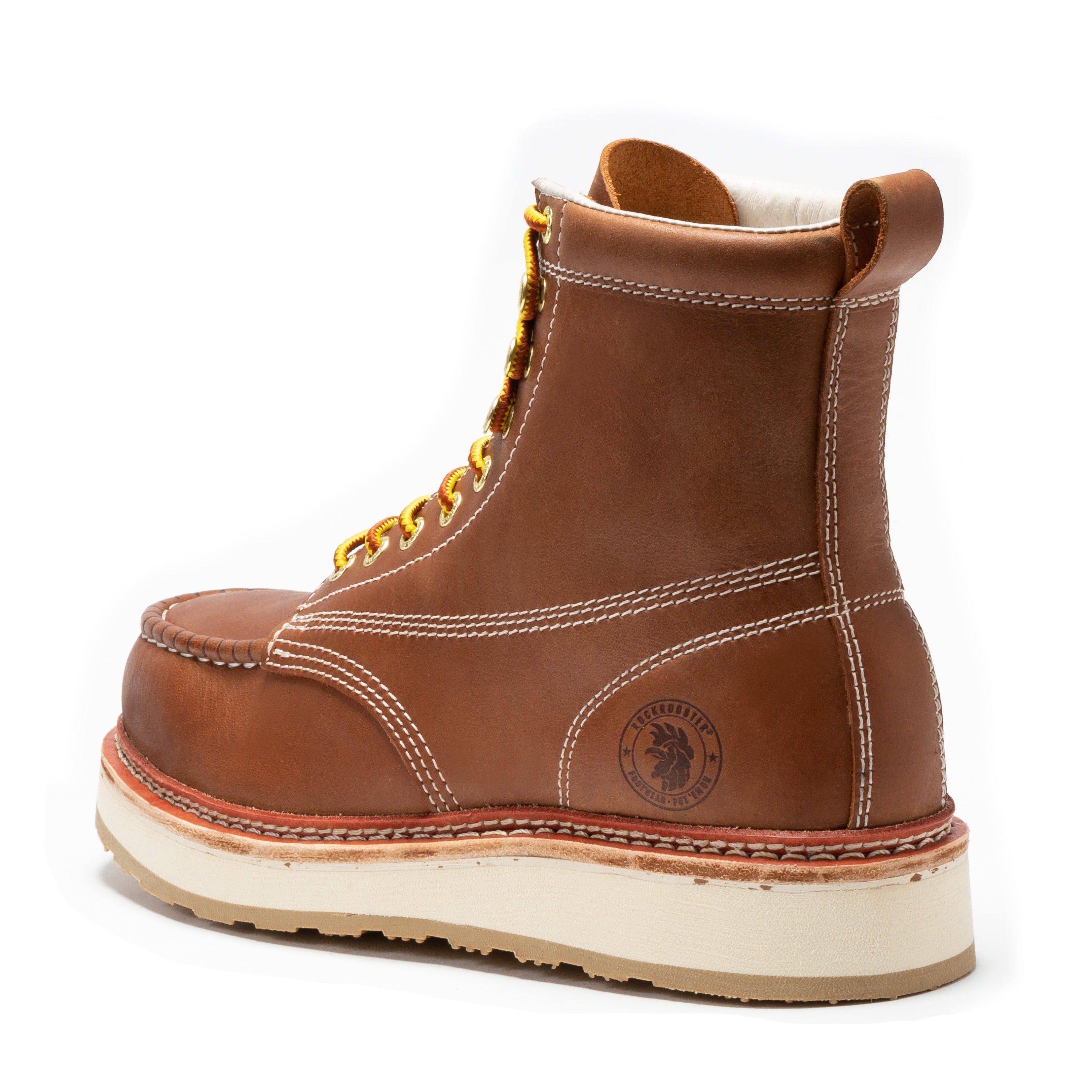 RockROOSTER Norwood men's 6-inch brown steel toe wedge work boots with rugged leather and sturdy sole for durability.