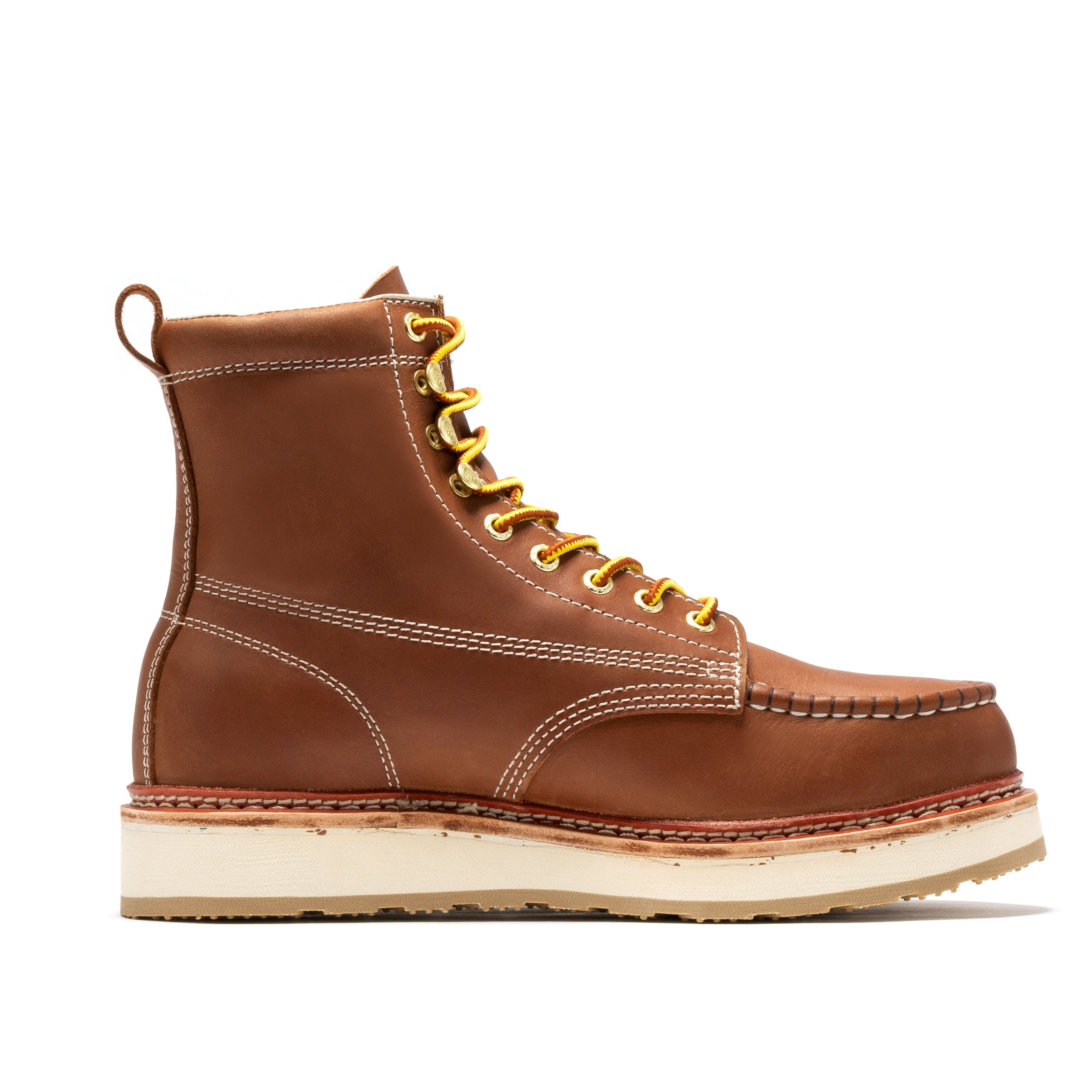Rockrooster Norwood men's 6-inch brown steel toe work boots with wedge sole, rugged safety footwear for work environments.