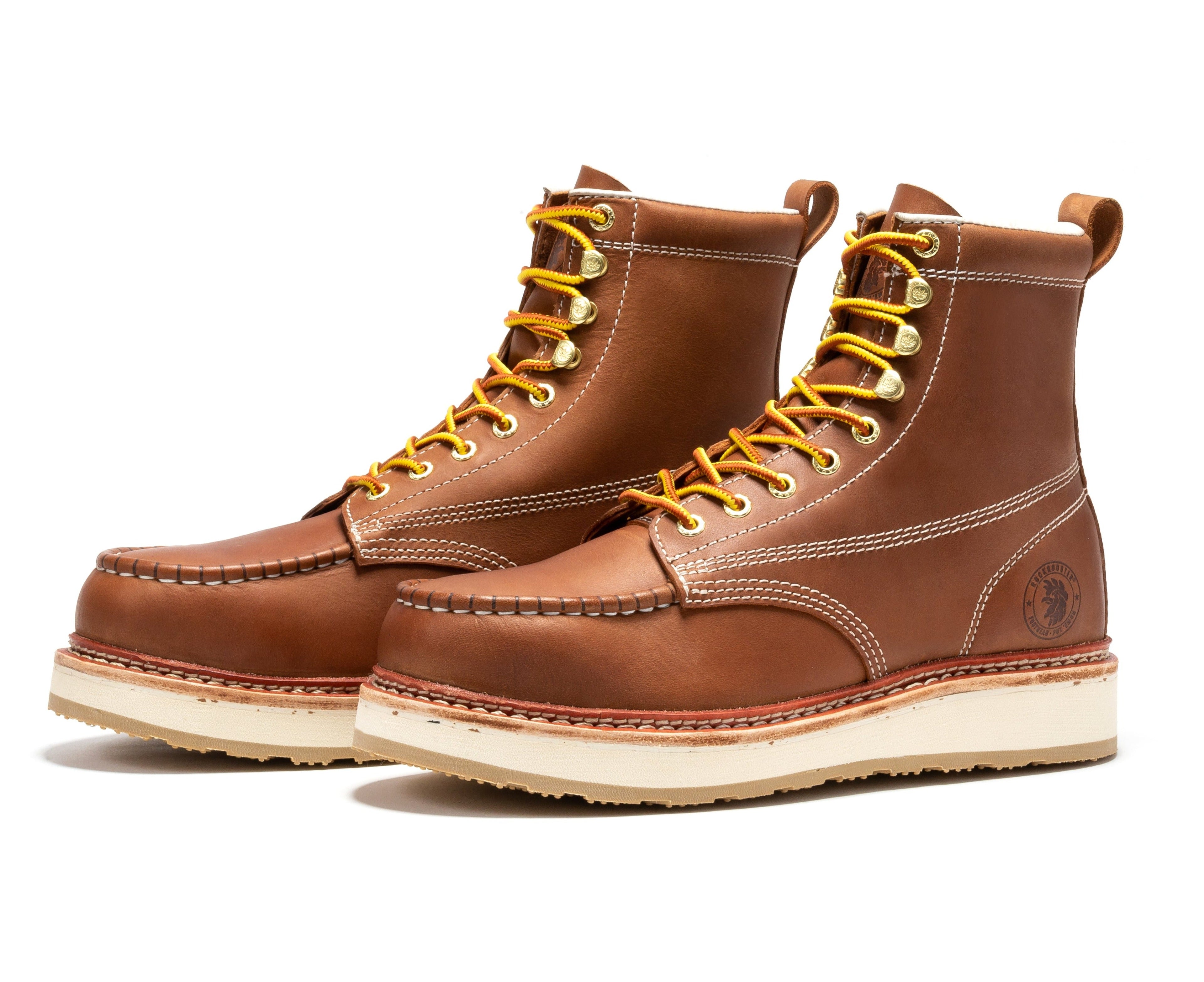 Rockrooster Norwood men's 6-inch brown steel toe wedge work boots with rugged leather upper and safety toe for durable workwear.