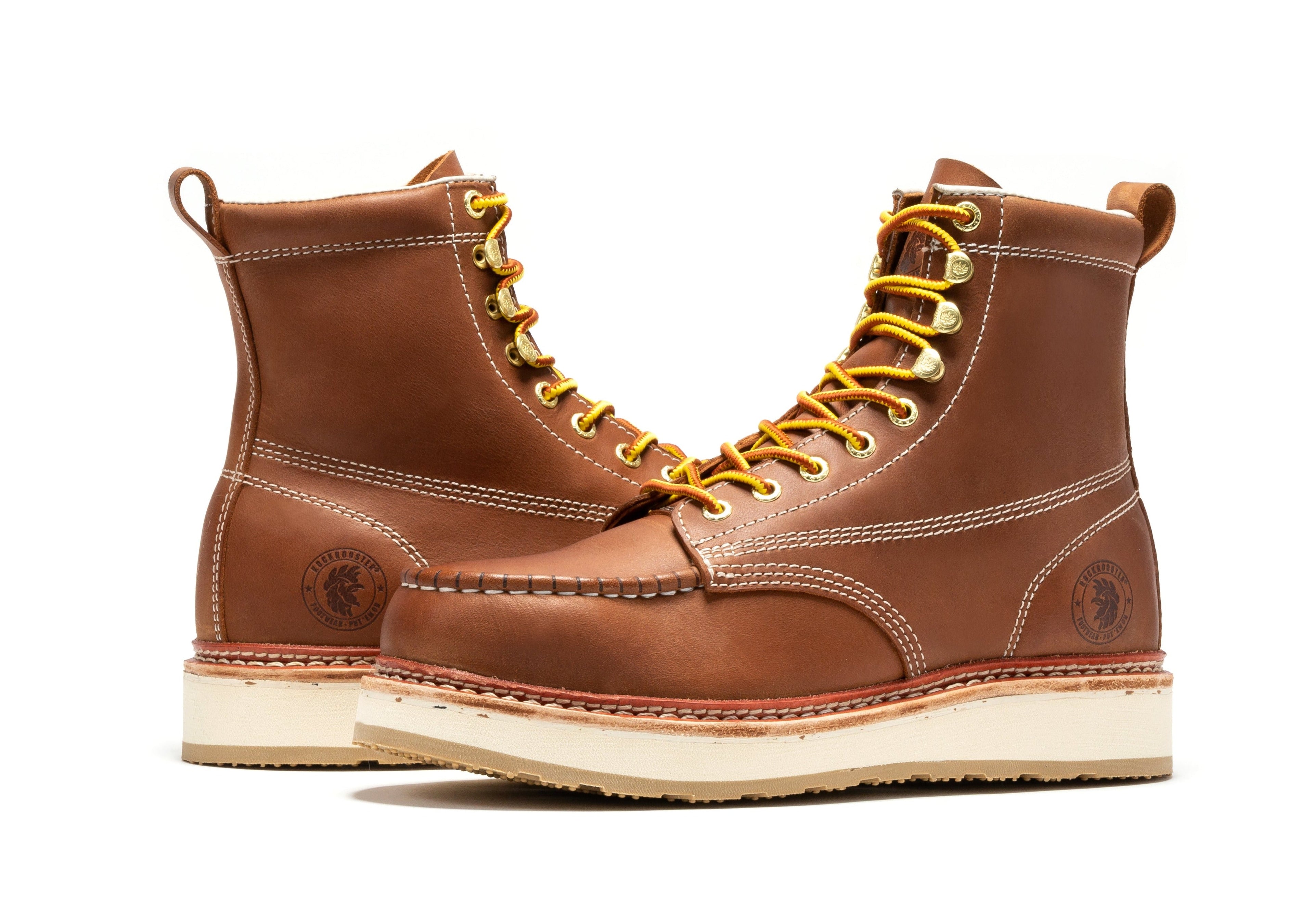 RockRooster Norwood men's 6-inch brown steel toe wedge work boots with sturdy leather upper and safety toe for industrial work.