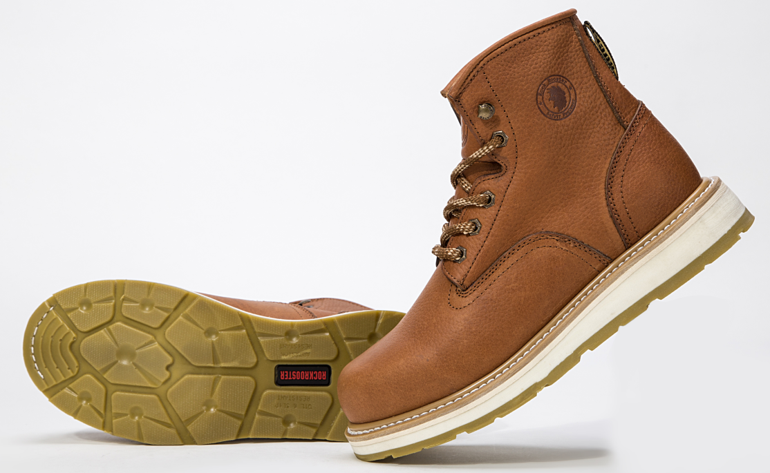 Rockrooster Roberta men's wedge work boots with water-resistant leather, safety toe, ASTM 2892 AP615 certification.