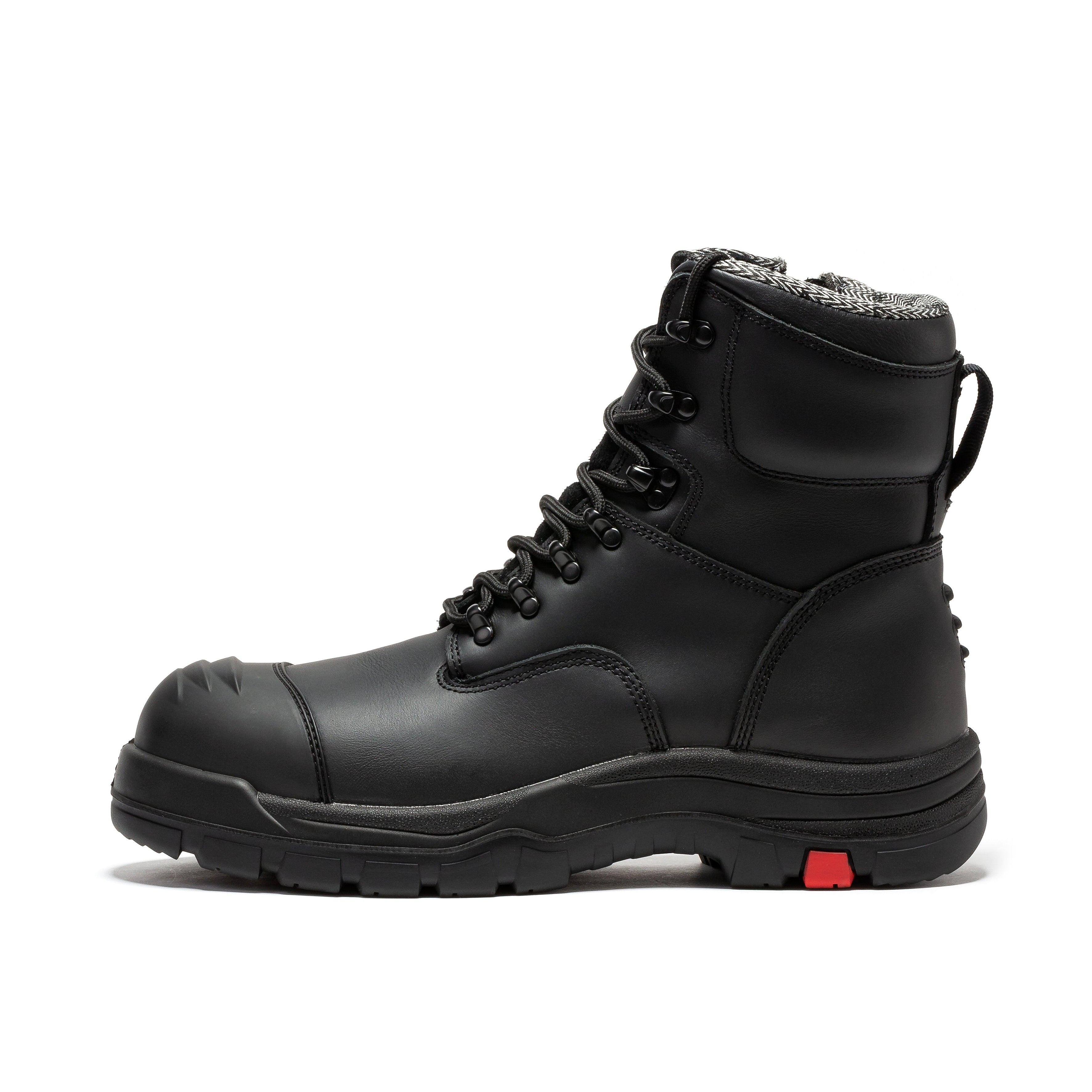 Rock Rooster Roslyn Black 7-inch zip-sided leather work boots with composite toe, rugged design for safety and durability.