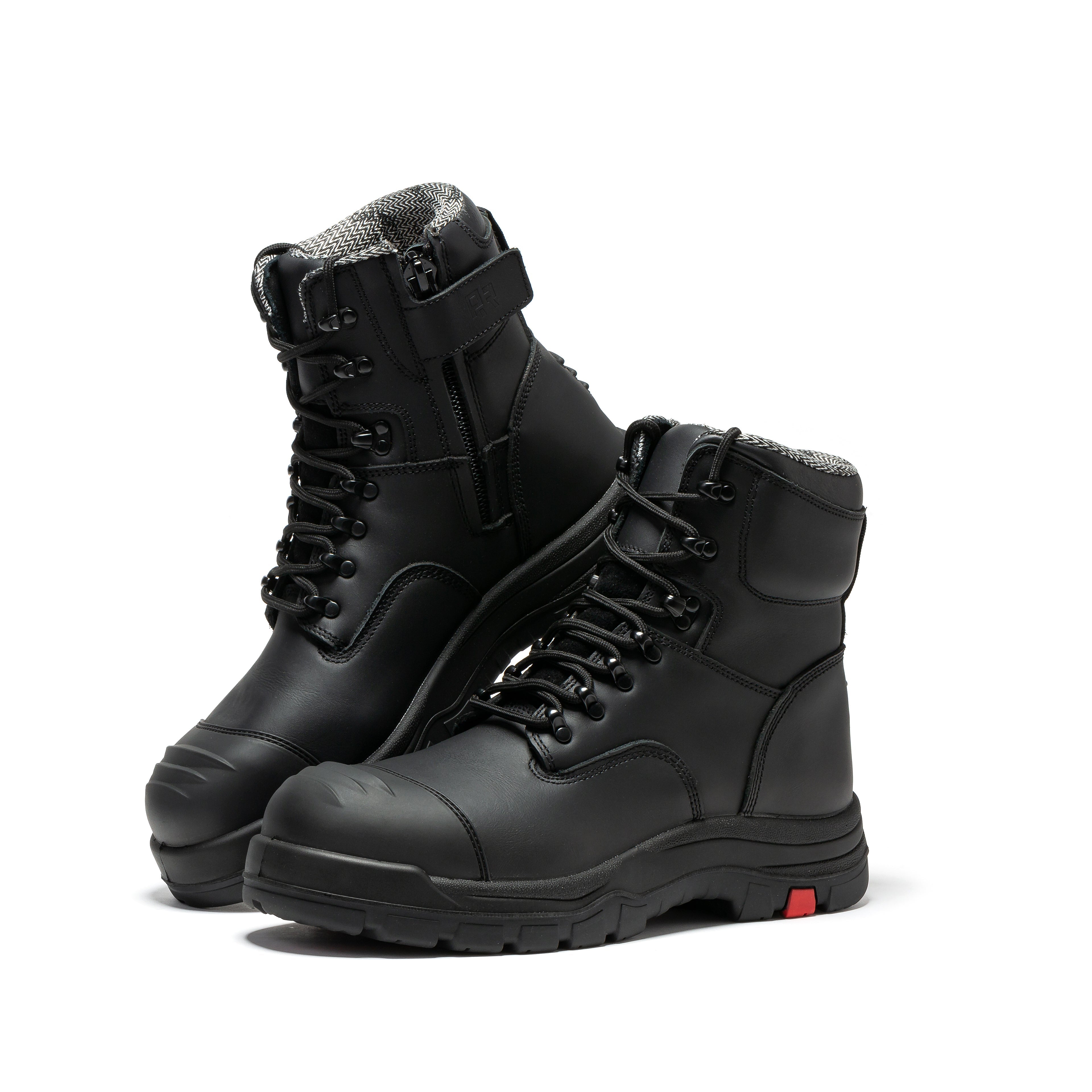 Rock Rooster Roslyn Black 7-inch zip-sided composite toe leather work boots, side zipper, sturdy construction, and durable design.