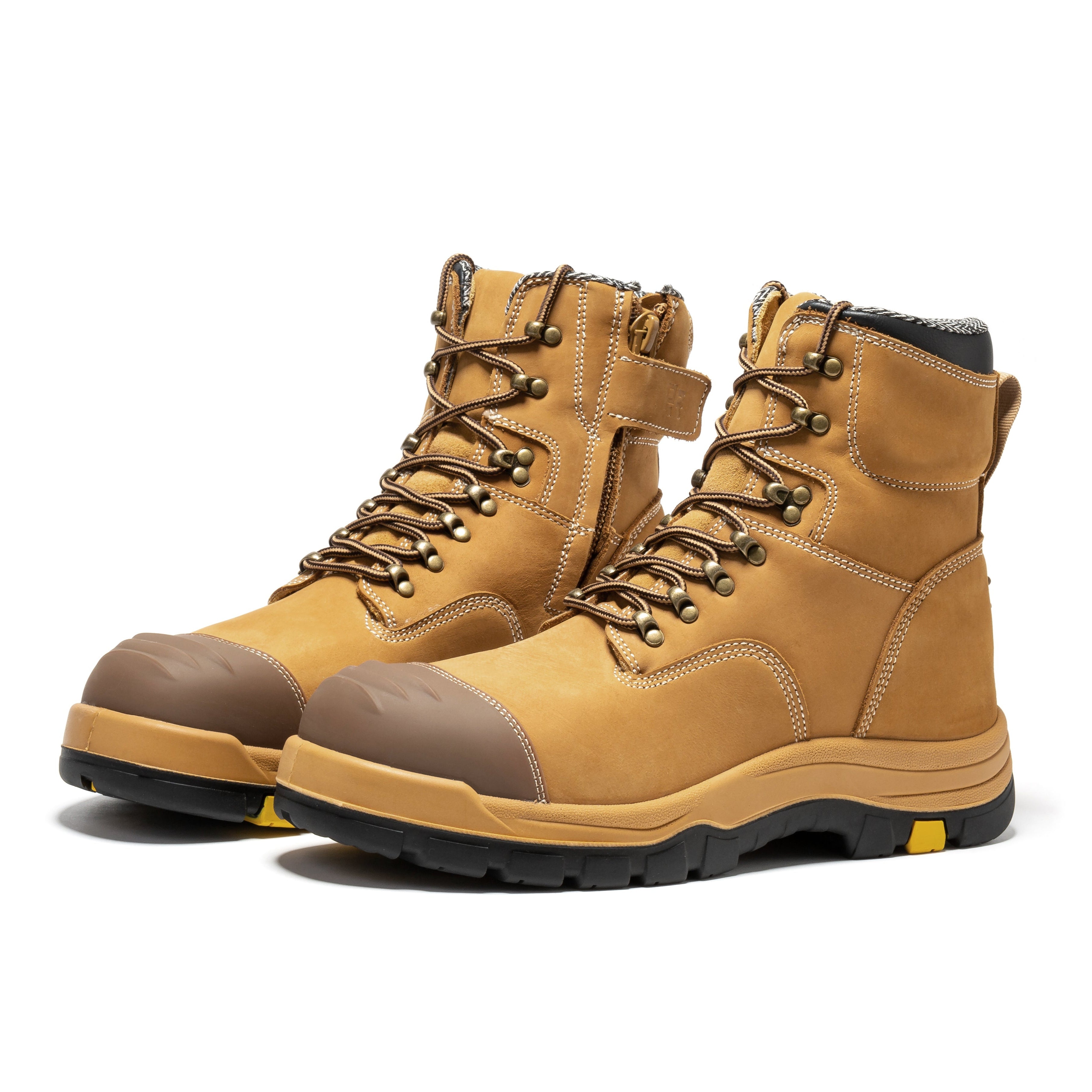 Rockrooster Roslyn Black 7-inch zip-sided composite toe leather work boots with sturdy design and rugged sole.