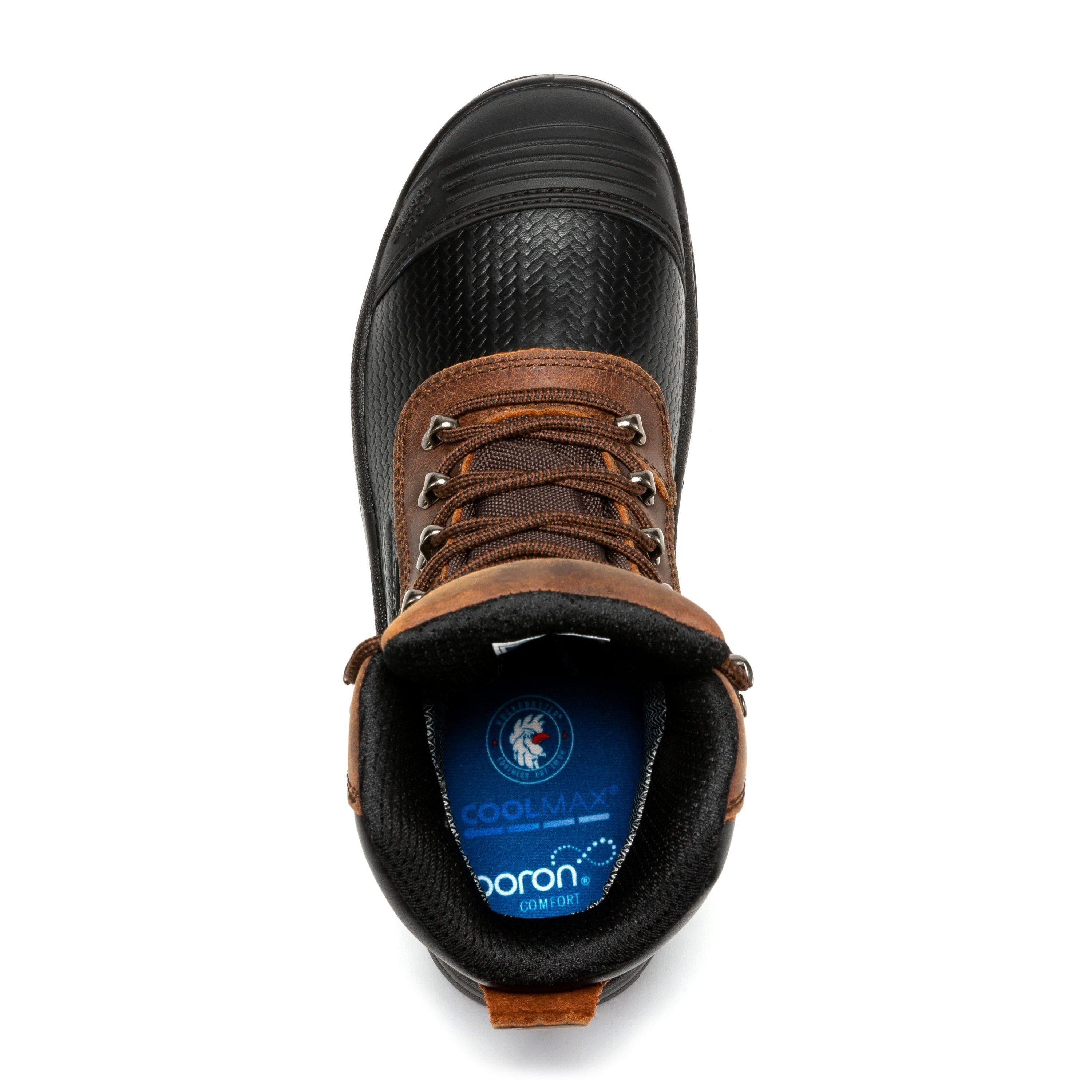 Rock Rooster Sedona 6-inch waterproof steel toe leather work boots, brown sturdy shoes with laces and reinforced toe protection.