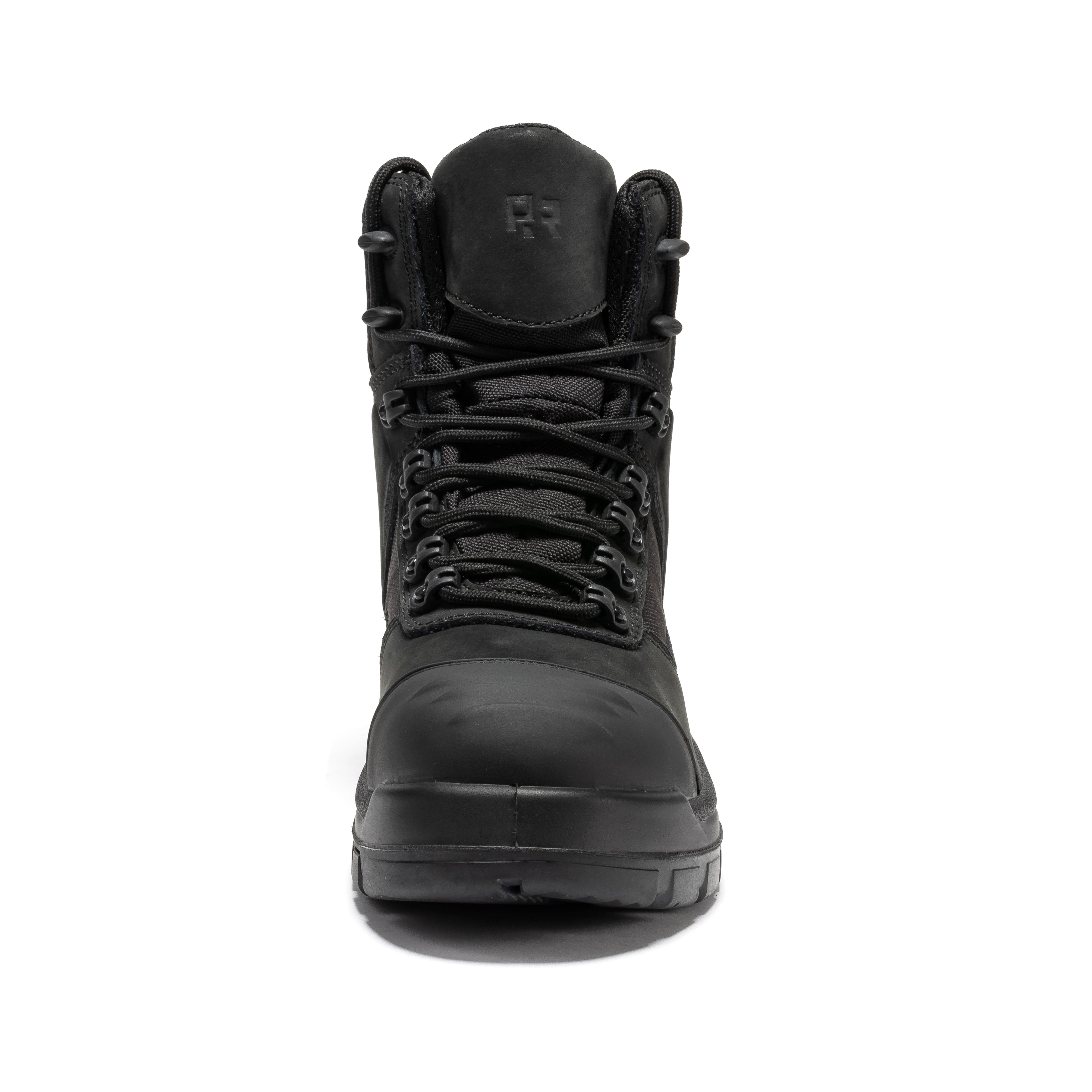 Rock Rooster Stowe black 7-inch composite toe leather work boots with rugged design and sturdy construction for safety and durability.