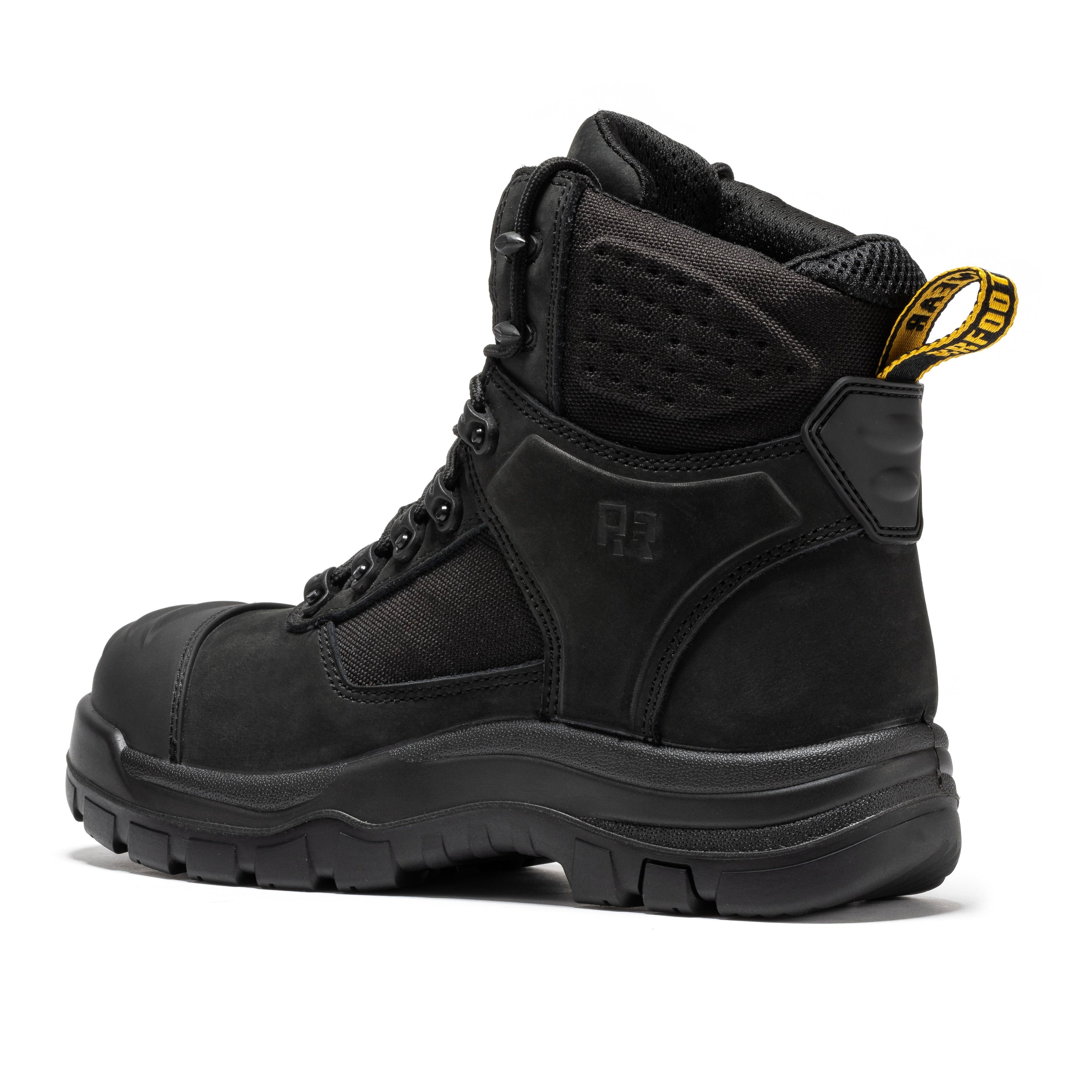 Black 7-inch composite toe leather work boots by Rock Rooster Footwear Inc, featuring sturdy design and durable construction.