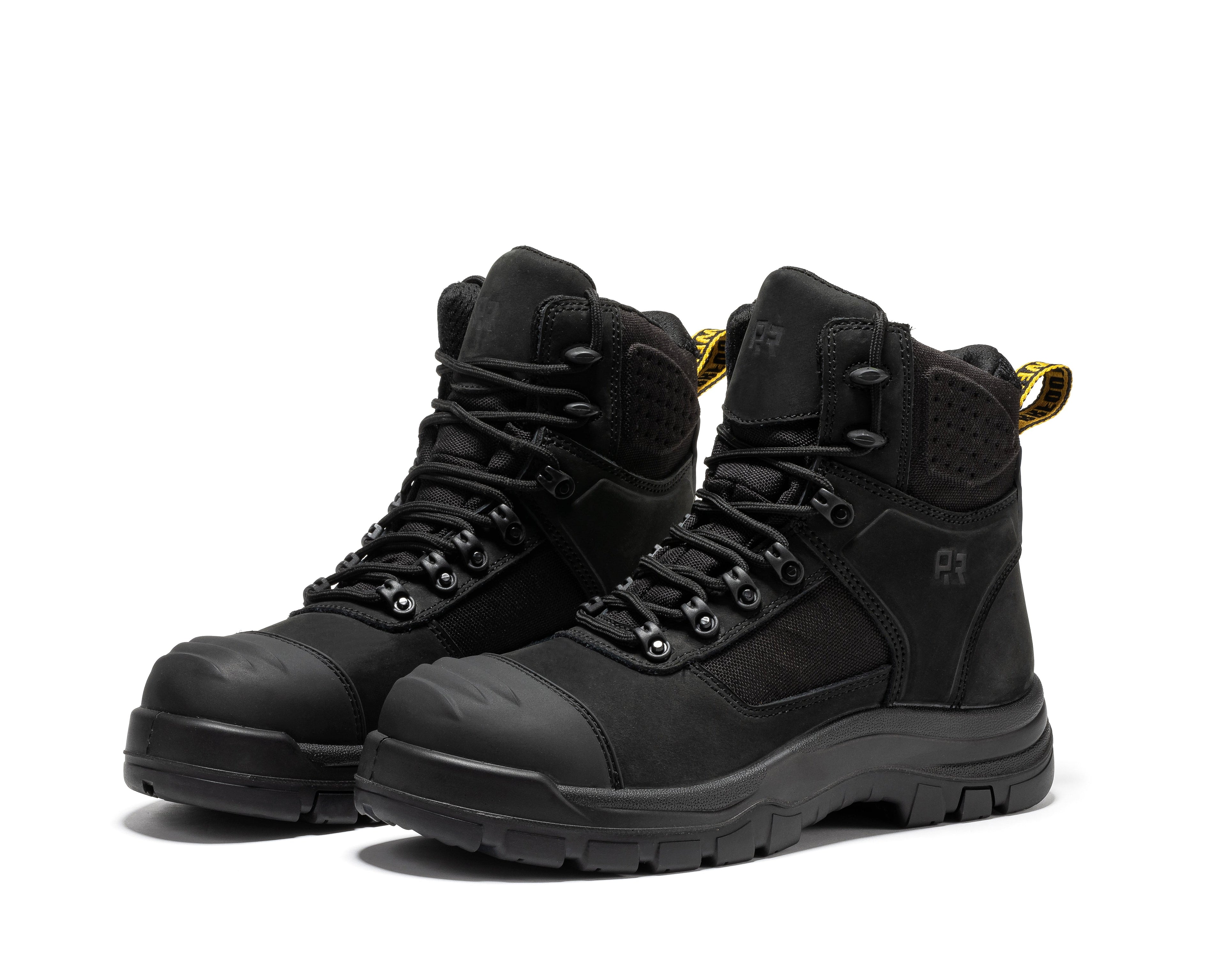 Rock Rooster Stowe black 7-inch composite toe leather work boots with sturdy design and safety features.