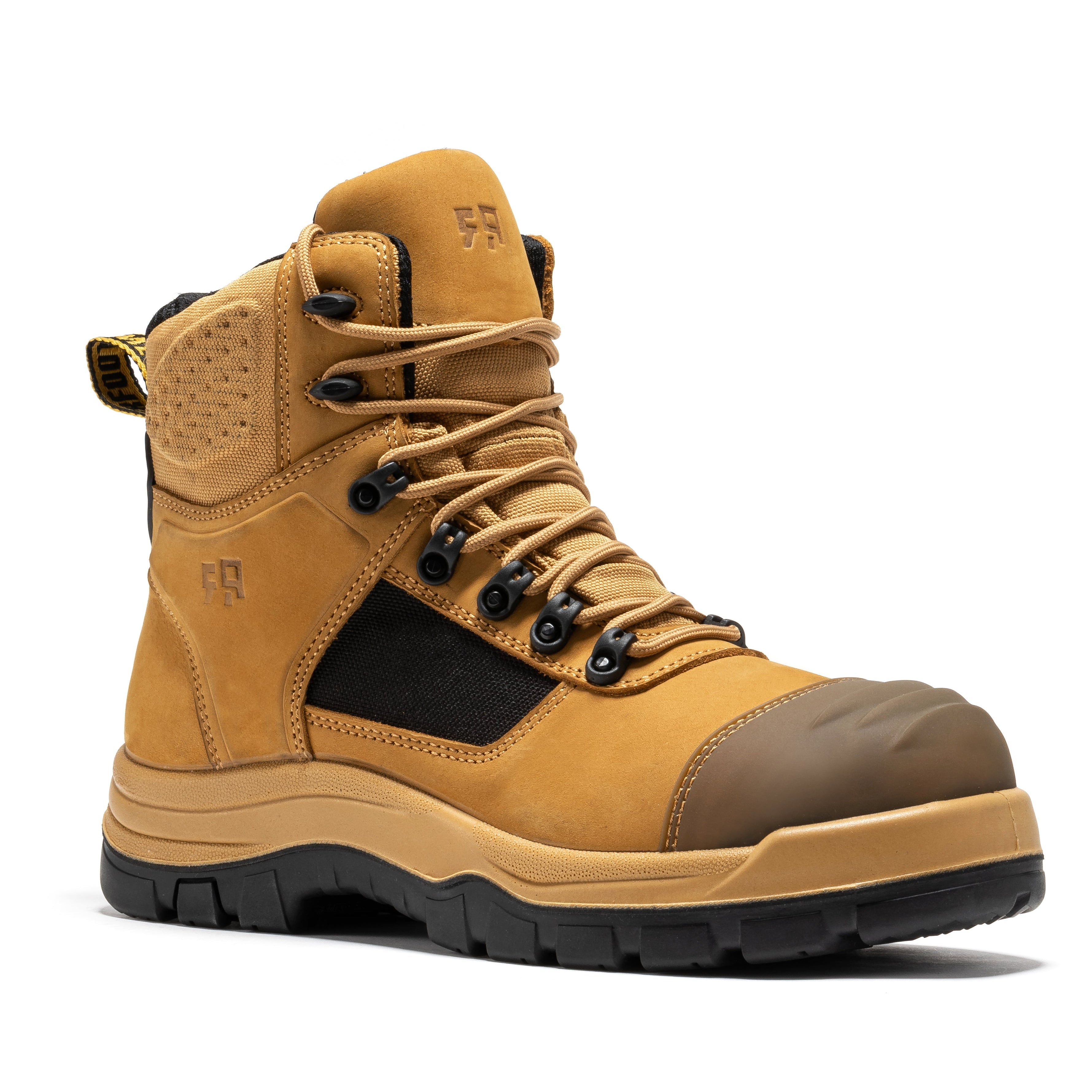 Black Rock Rooster Stowe 7-inch composite toe leather work boots with sturdy design and reinforced toe for safety.