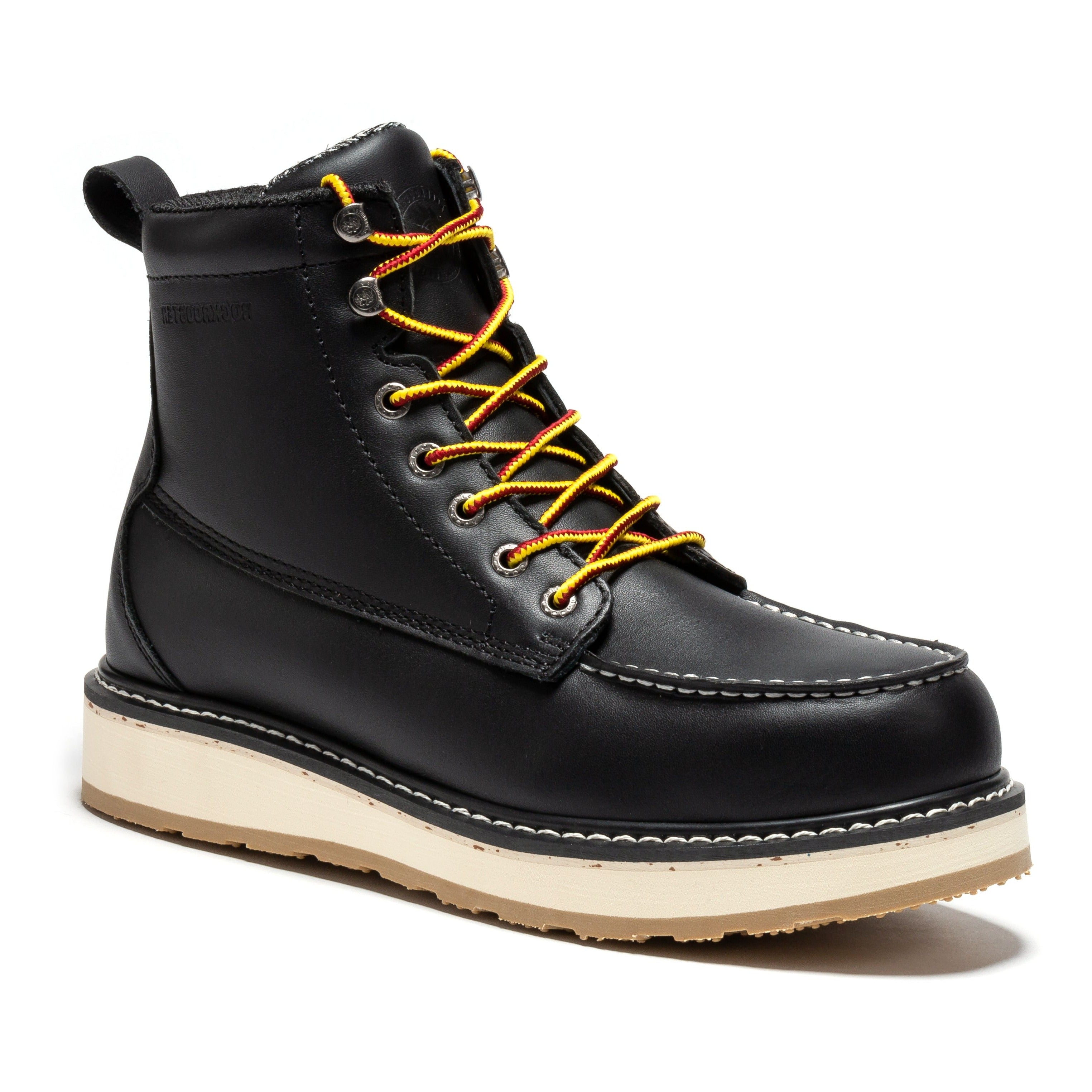 RockROOSTER Trinidad men's 6-inch black steel toe wedge work boots showing sturdy leather upper and rugged sole.