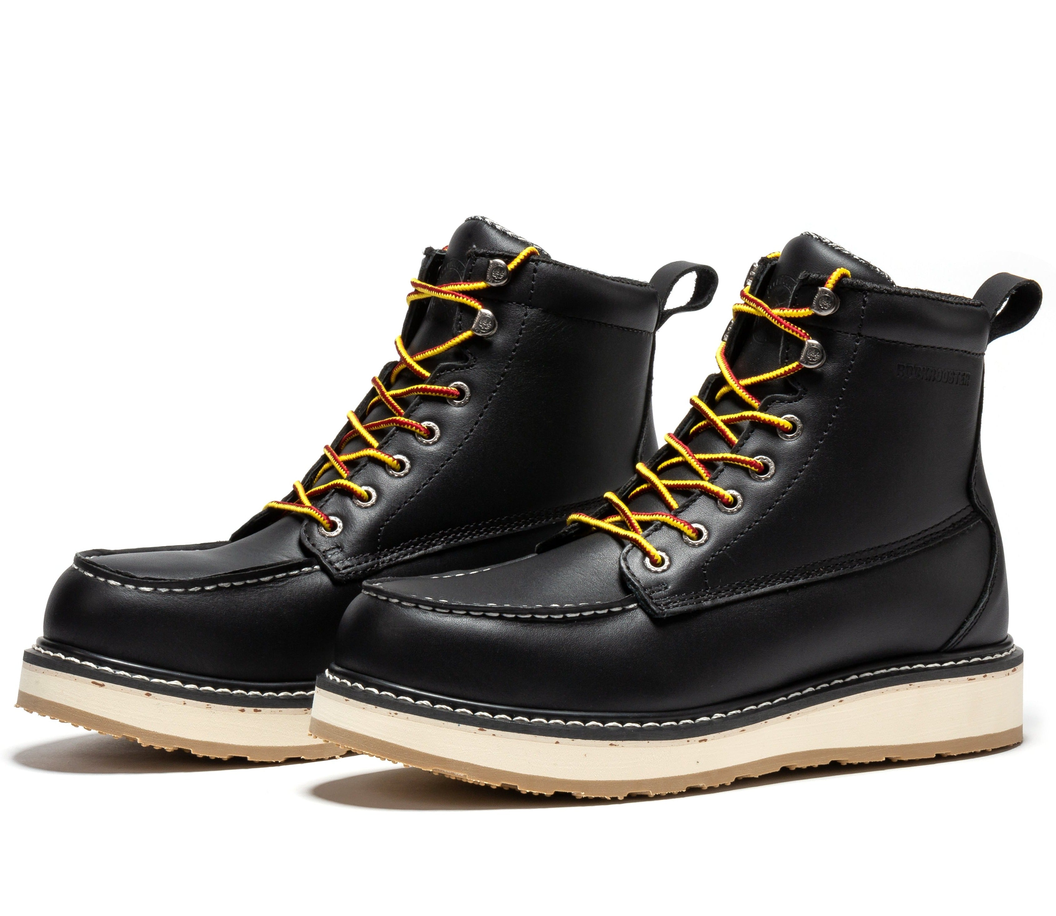RockROOSTER Trinidad men's 6-inch black steel toe wedge work boots with sturdy leather and safety toe design.
