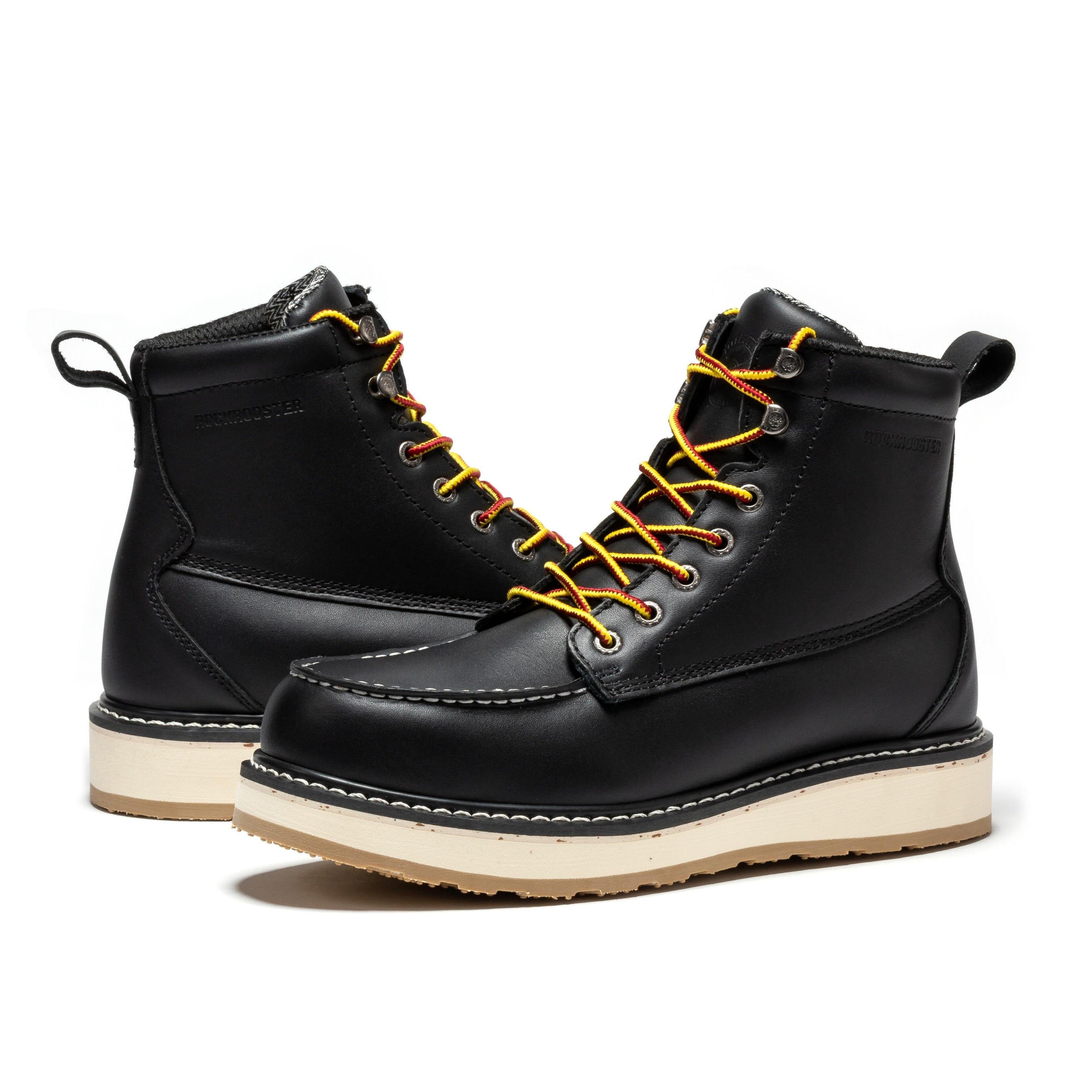 Black steel toe wedge work boots for men by ROCKROOSTER Trinidad, 6-inch height, rugged safety footwear.