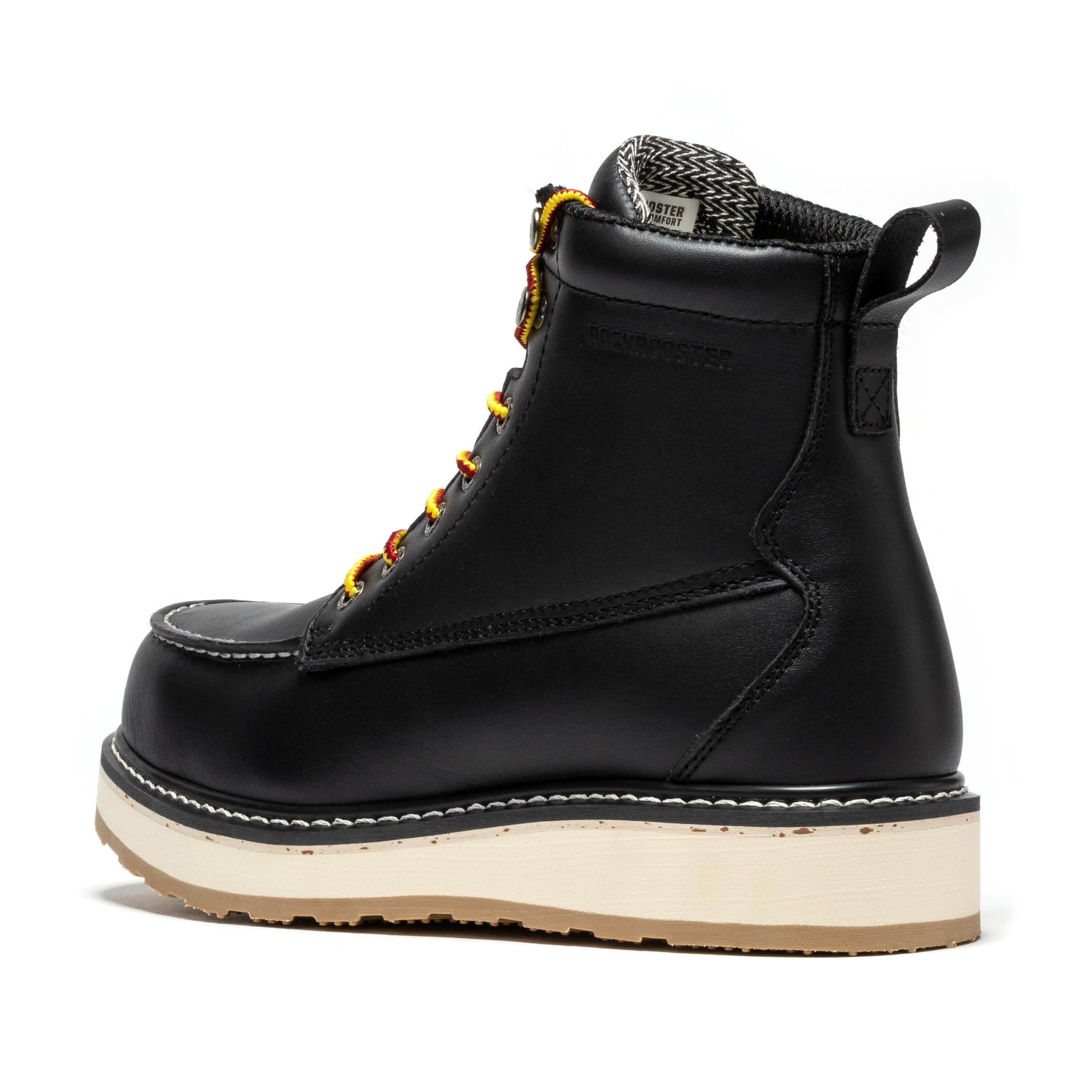 RockROOSTER Trinidad men's 6-inch black steel toe wedge work boots showing sturdy leather upper and rugged outsole.