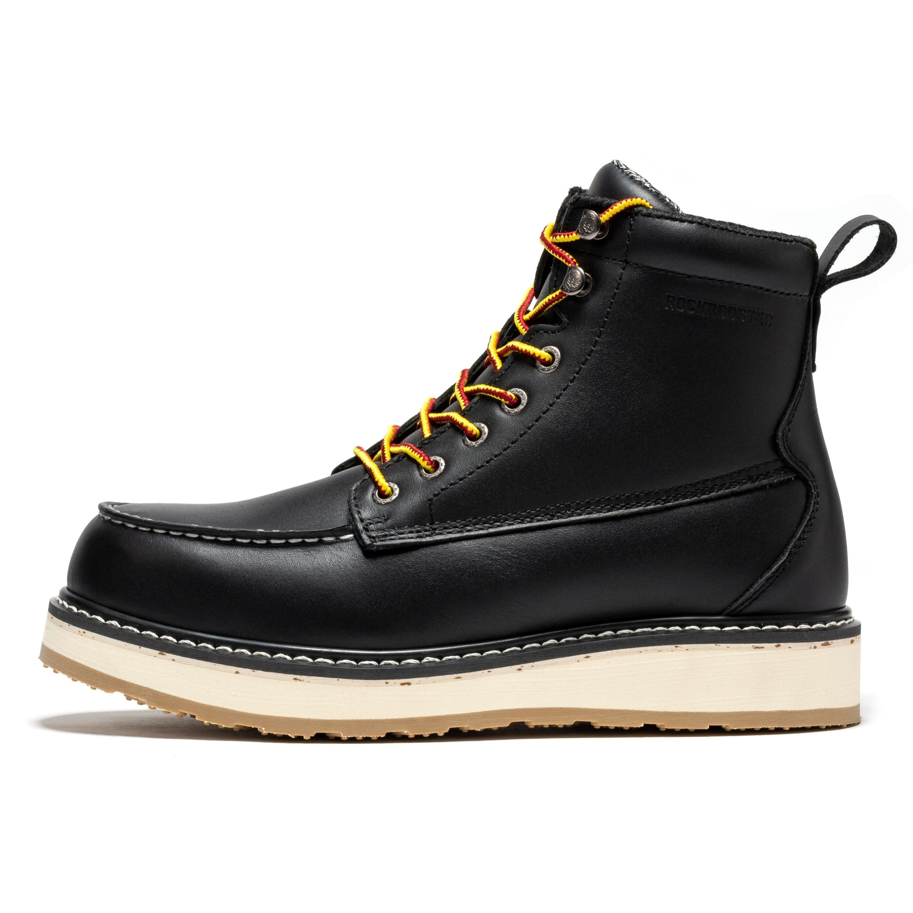 Rock Rooster Trinidad men's 6-inch black steel toe wedge work boots with durable leather and rugged sole for safety and comfort.