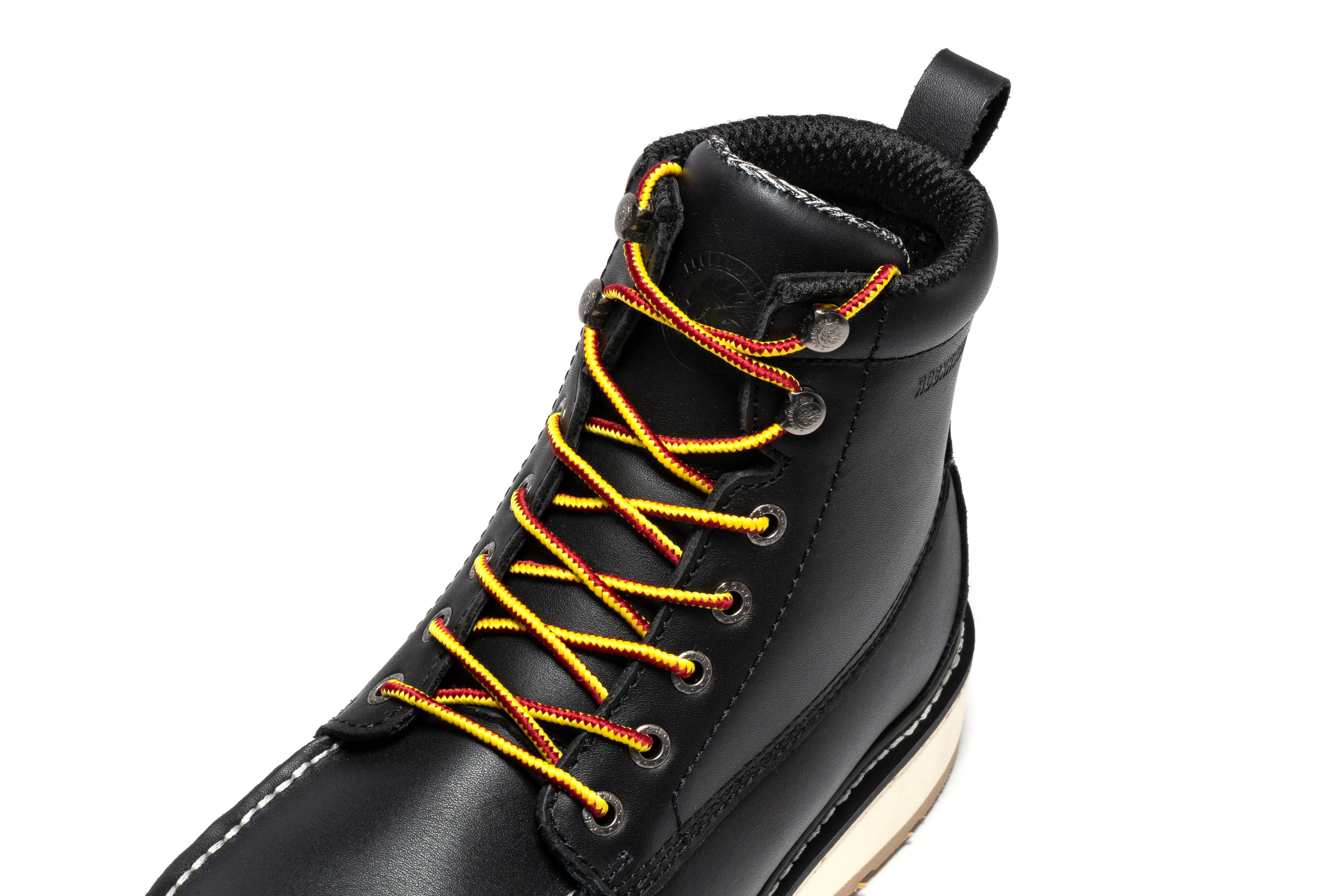 RockROOSTER Trinidad men's 6-inch black steel toe wedge work boots with sturdy leather and reinforced toe protection.