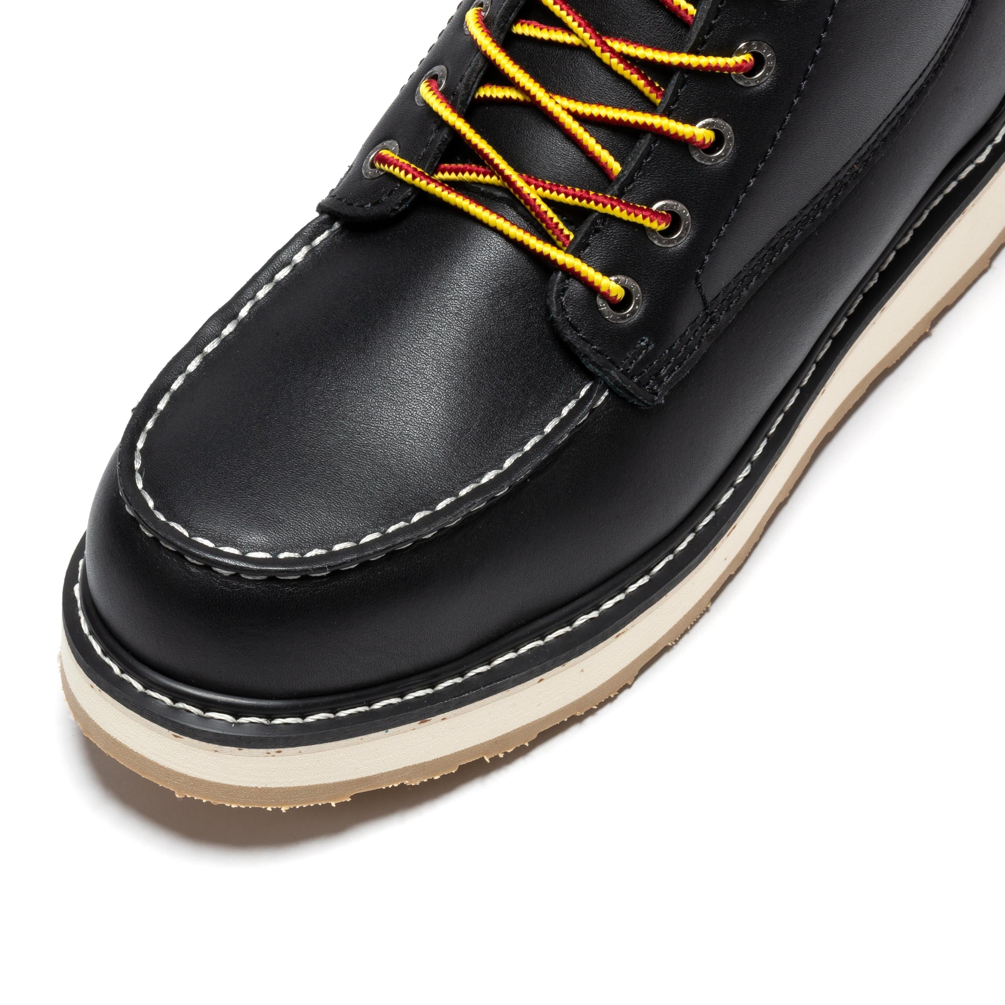 Black steel toe wedge work boots for men by Rock Rooster Footwear Inc, featuring a 6-inch height and sturdy design.