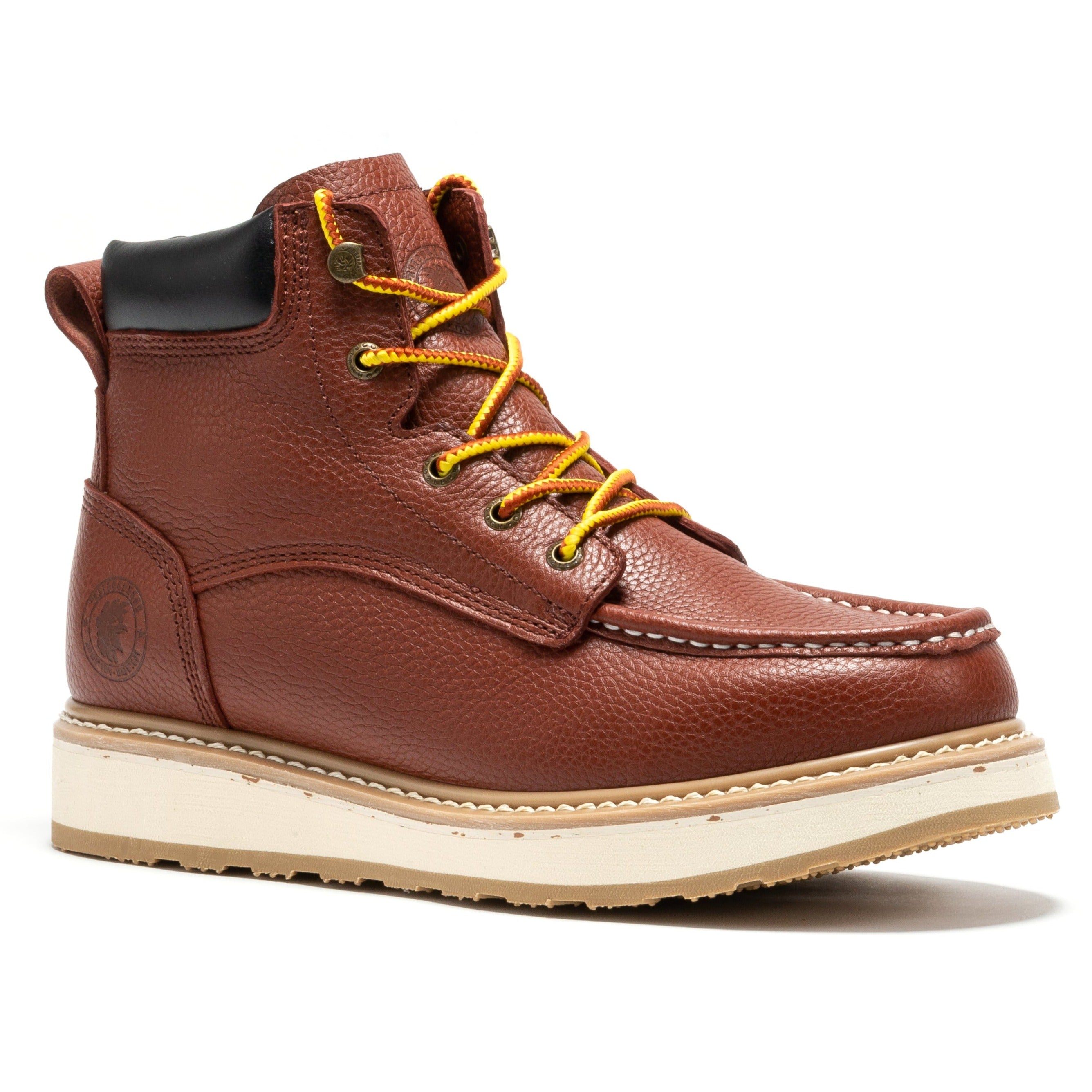Rock Rooster Walker men's 6-inch brown soft toe wedge work boots with sturdy leather construction and rugged sole.