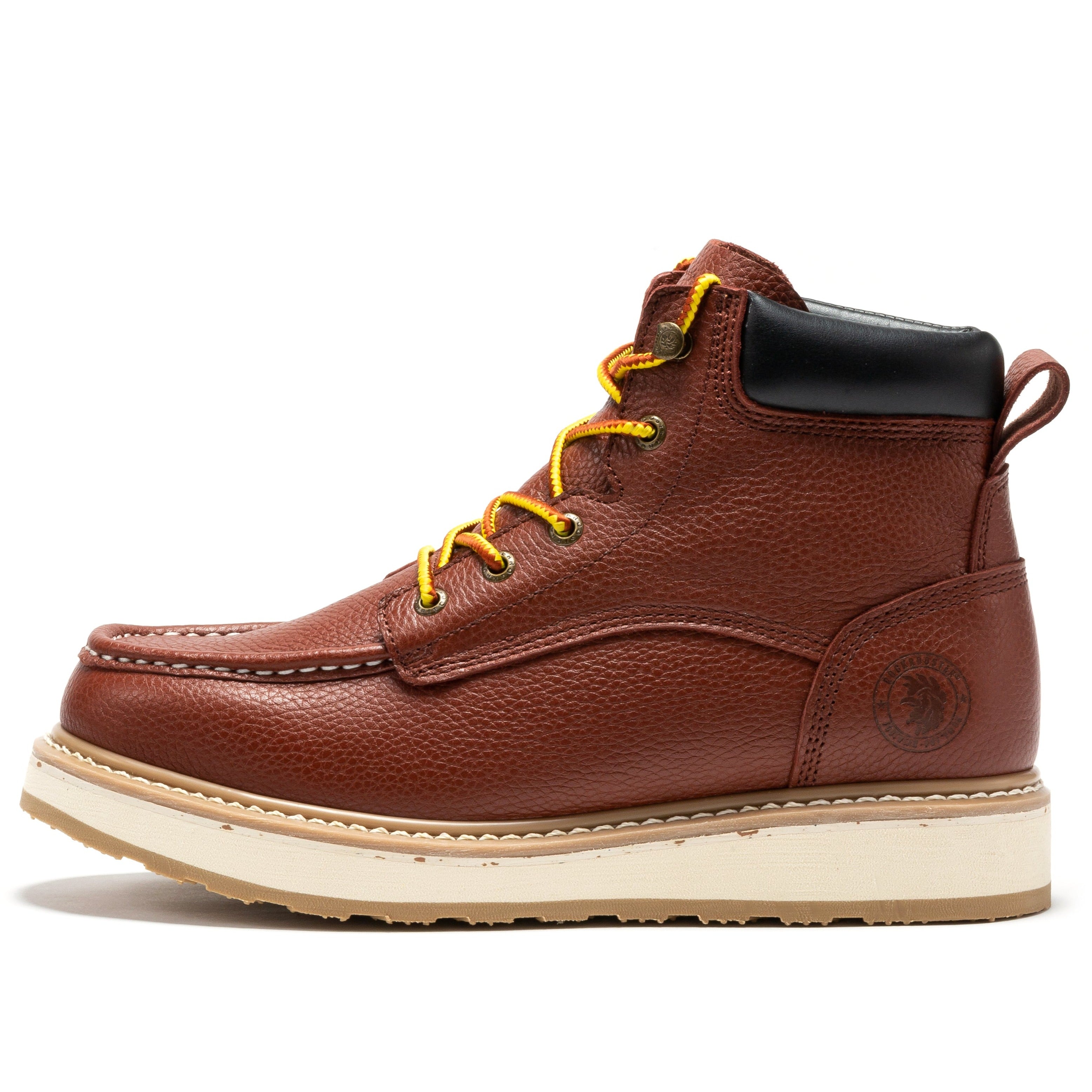 Men's ROCKROOSTER Walker 6-inch brown soft toe wedge work boots with rugged leather and sturdy design, ideal for workwear.