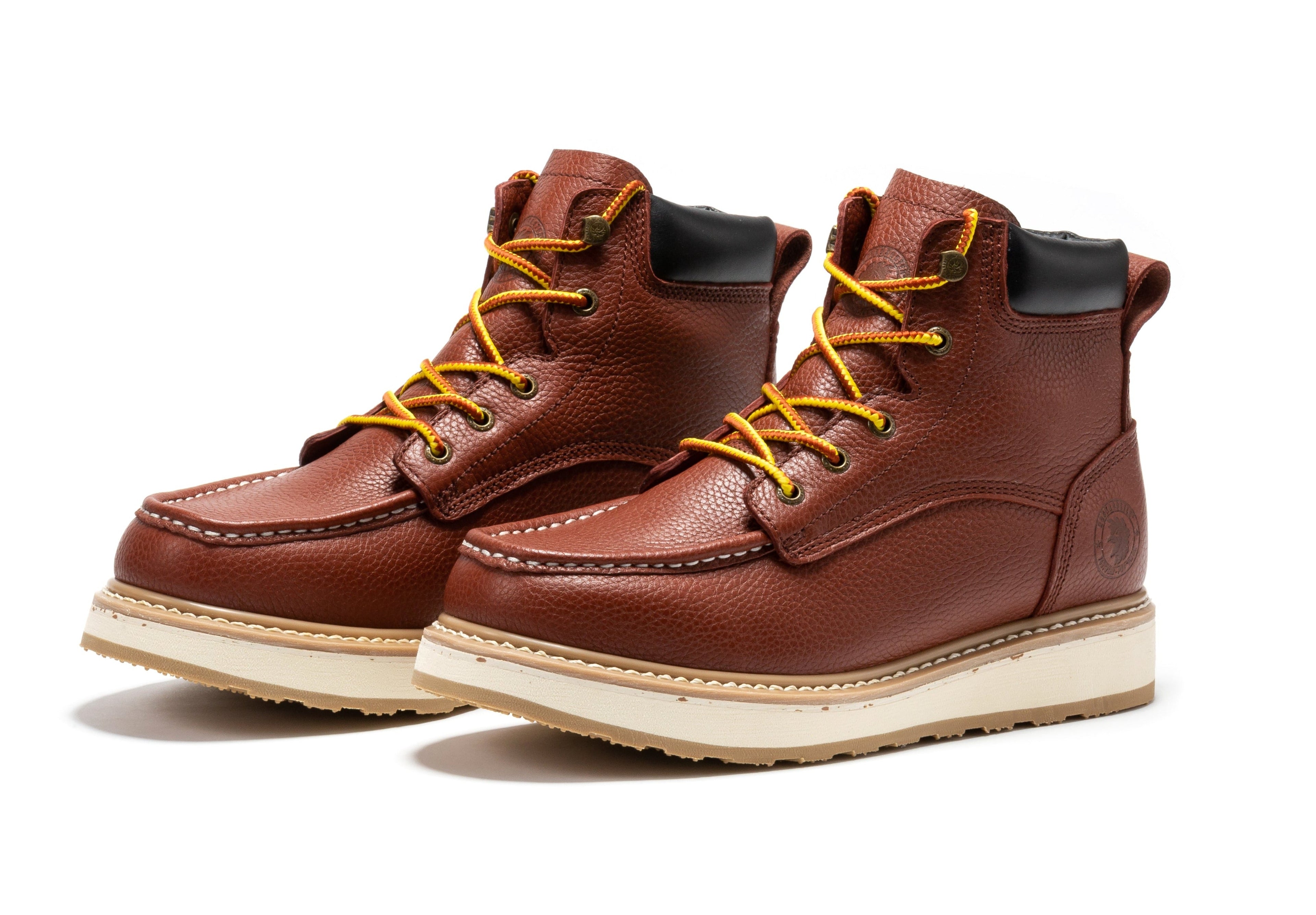 RockROOSTER Walker men's 6-inch brown soft toe wedge work boots with sturdy leather and rugged sole for safety and durability.