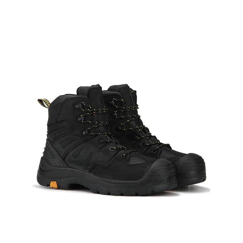 Rock Rooster Woodland Black 6-inch composite toe leather work boots showing sturdy design and durable leather construction.
