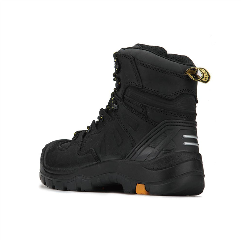 Black Woodland 6-inch composite toe leather work boots by Rock Rooster Footwear Inc, featuring durable construction and safety toes.