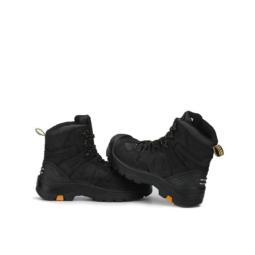 Rock Rooster Woodland Black 6-inch composite toe leather work boots, durable safety footwear with sturdy design and rugged appearance.