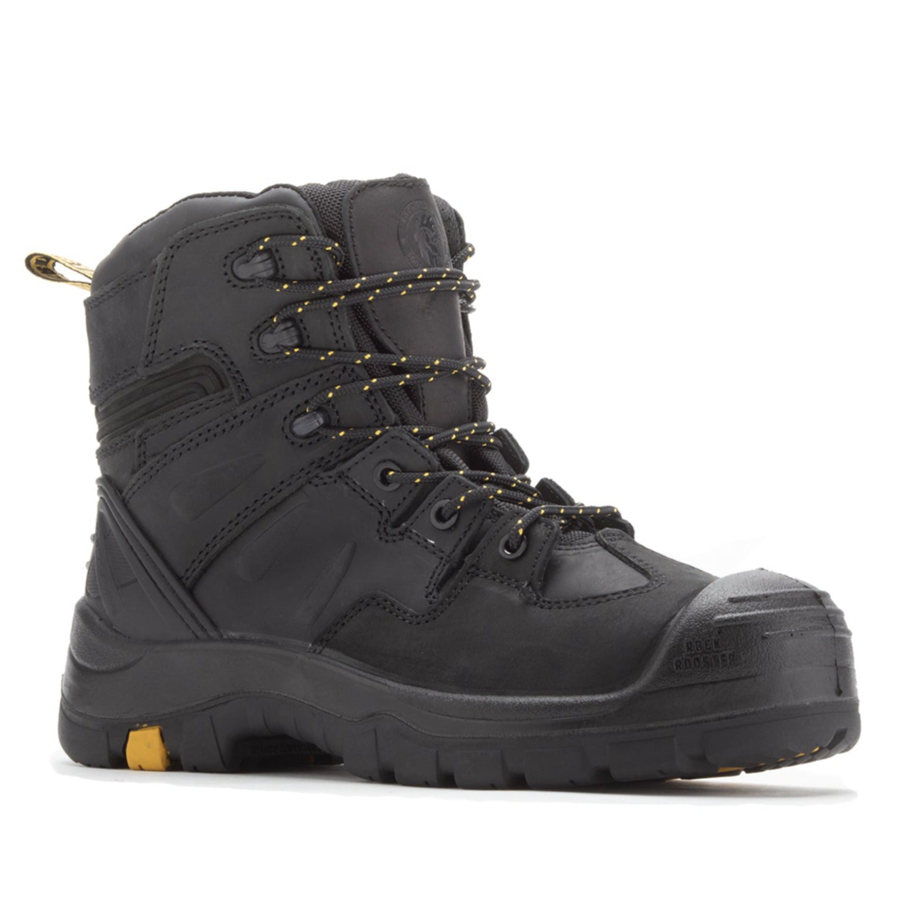 RockRooster Woodland Black 6-inch composite toe leather work boots, durable safety footwear with sturdy leather construction.