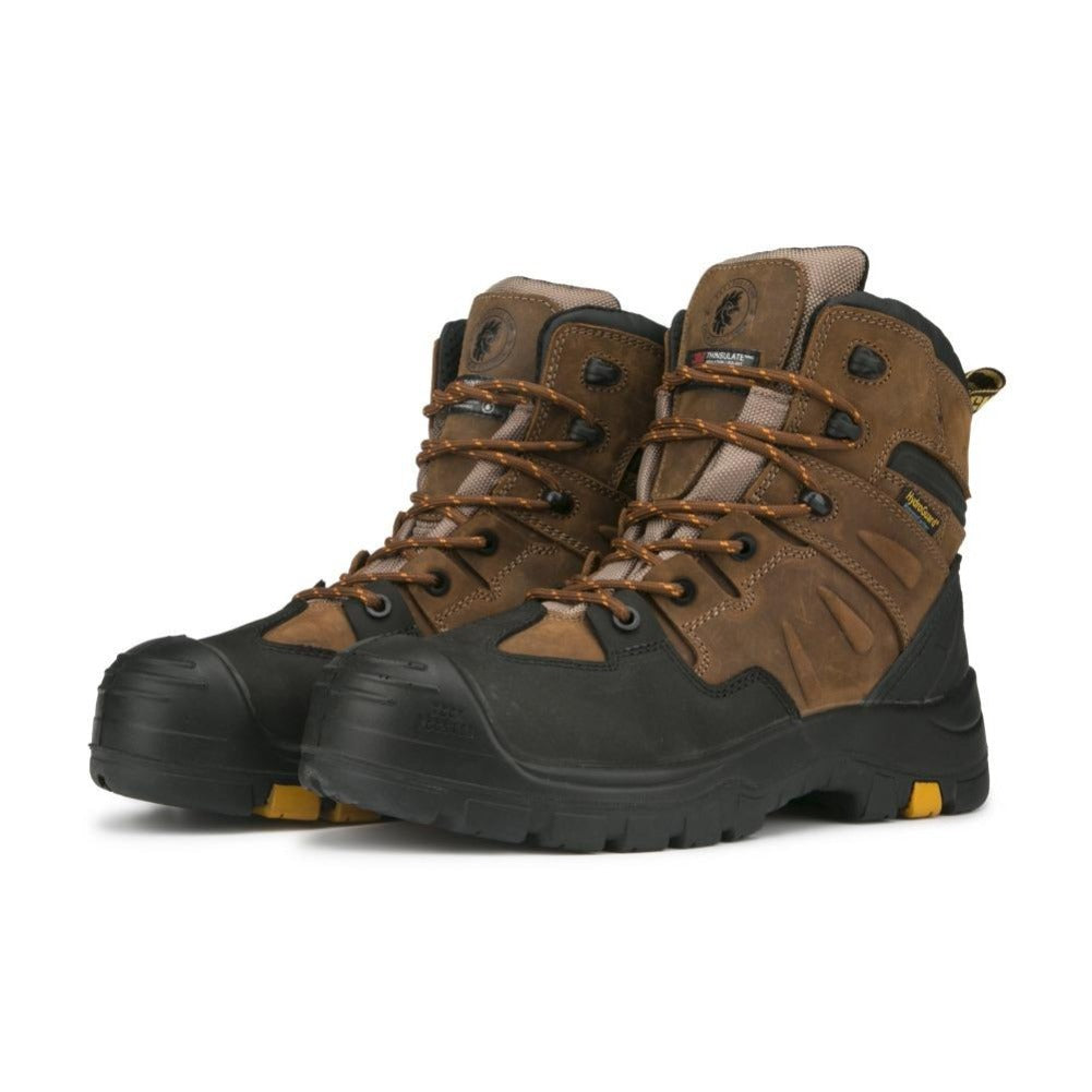Woodland Brown 6-inch waterproof safety toe leather work boots by Rock Rooster Footwear Inc, showing sturdy leather construction and safety features.