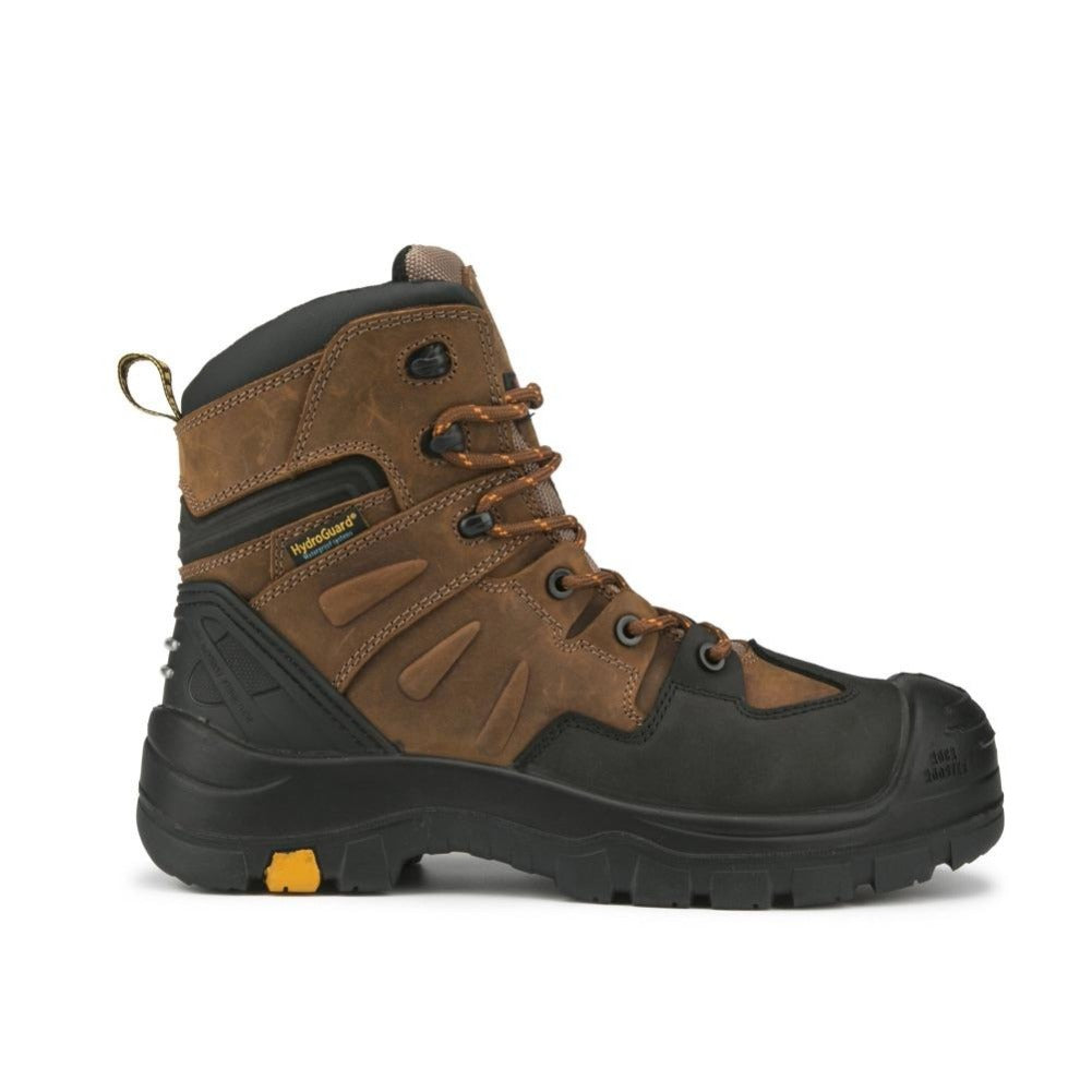 Woodland Brown 6-inch waterproof safety toe leather work boots by Rock Rooster Footwear Inc, showing durable construction and safety features.