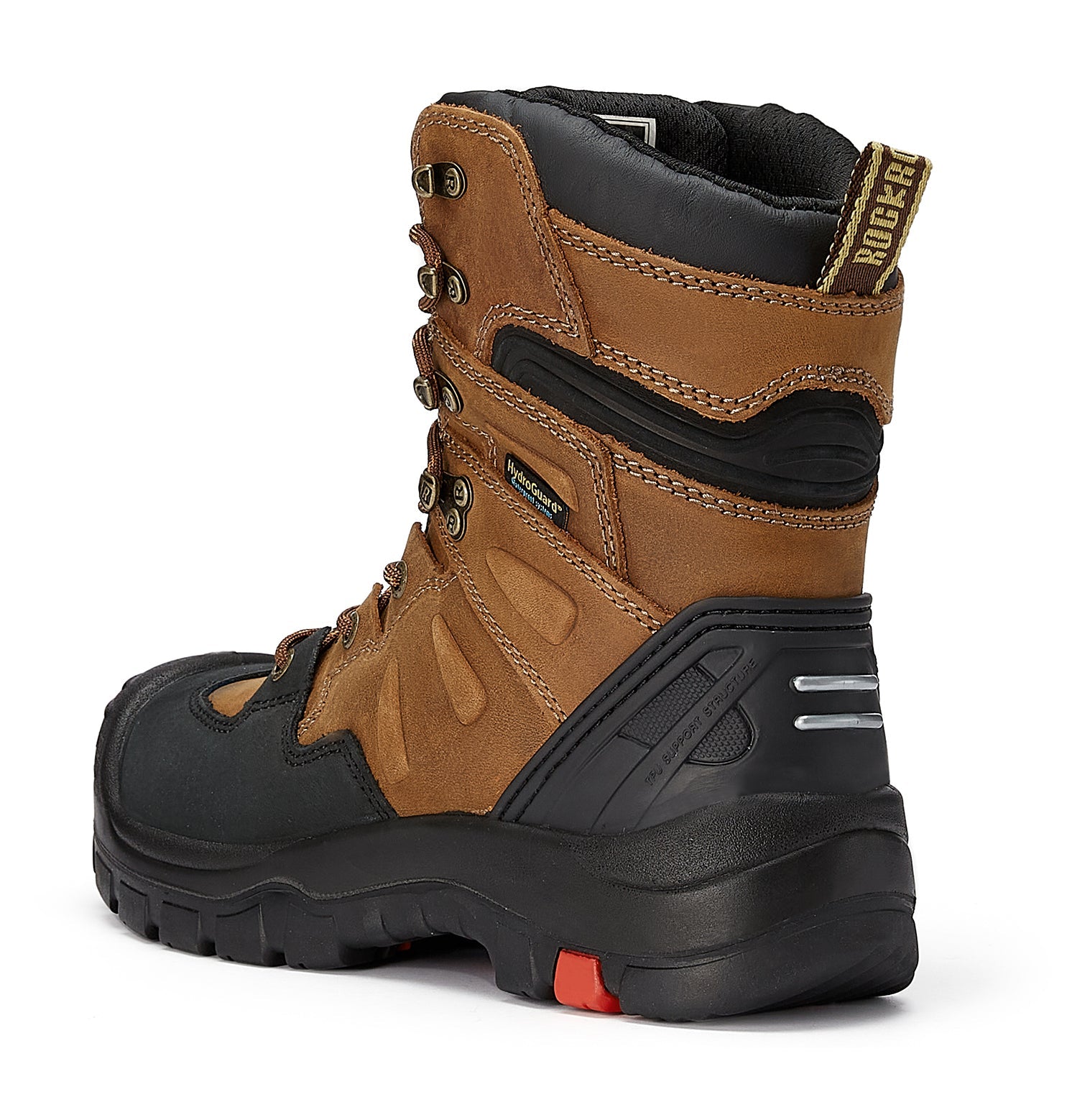 RockRooster Woodland men's 8-inch brown work boots with composite toe, slip-resistant rubber outsole, electrical hazard protection.