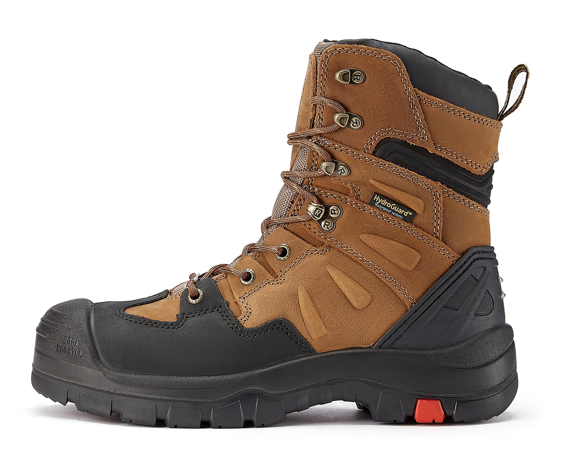 RockRooster Woodland men's 8-inch brown work boots with composite toe, slip-resistant rubber sole, electrical hazard protection.