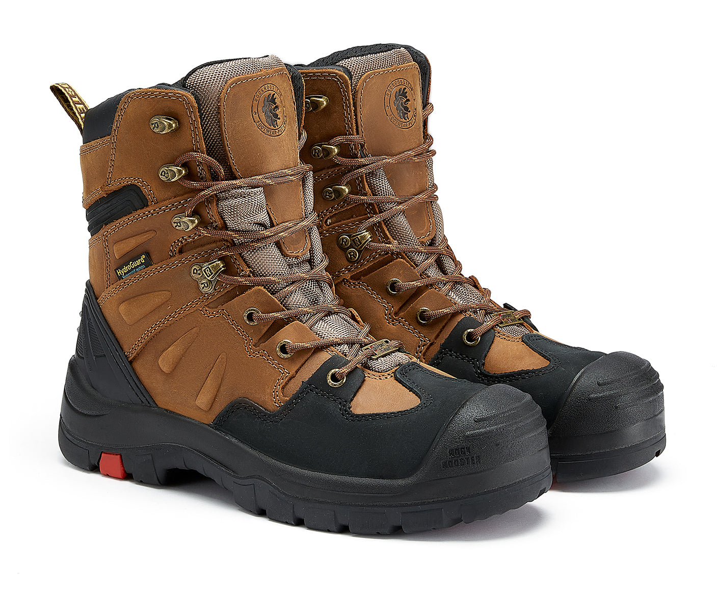 Rockrooster Woodland men's 8-inch brown work boots with composite toe, slip-resistant outsole, electrical hazard protection, rubber sole