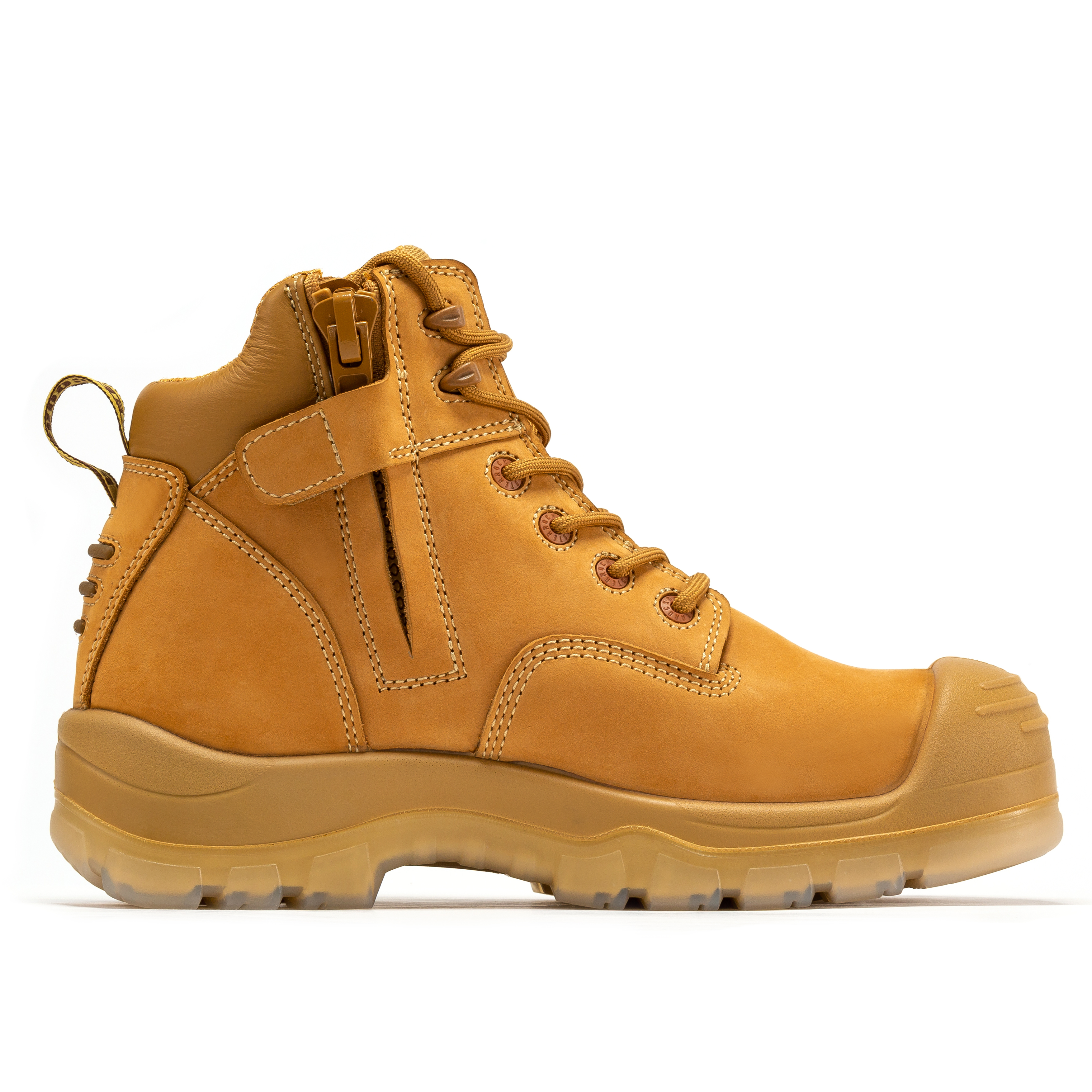 Woodland Wheat 6-inch composite toe leather work boots by Rock Rooster Footwear Inc with zip sides and rugged design.