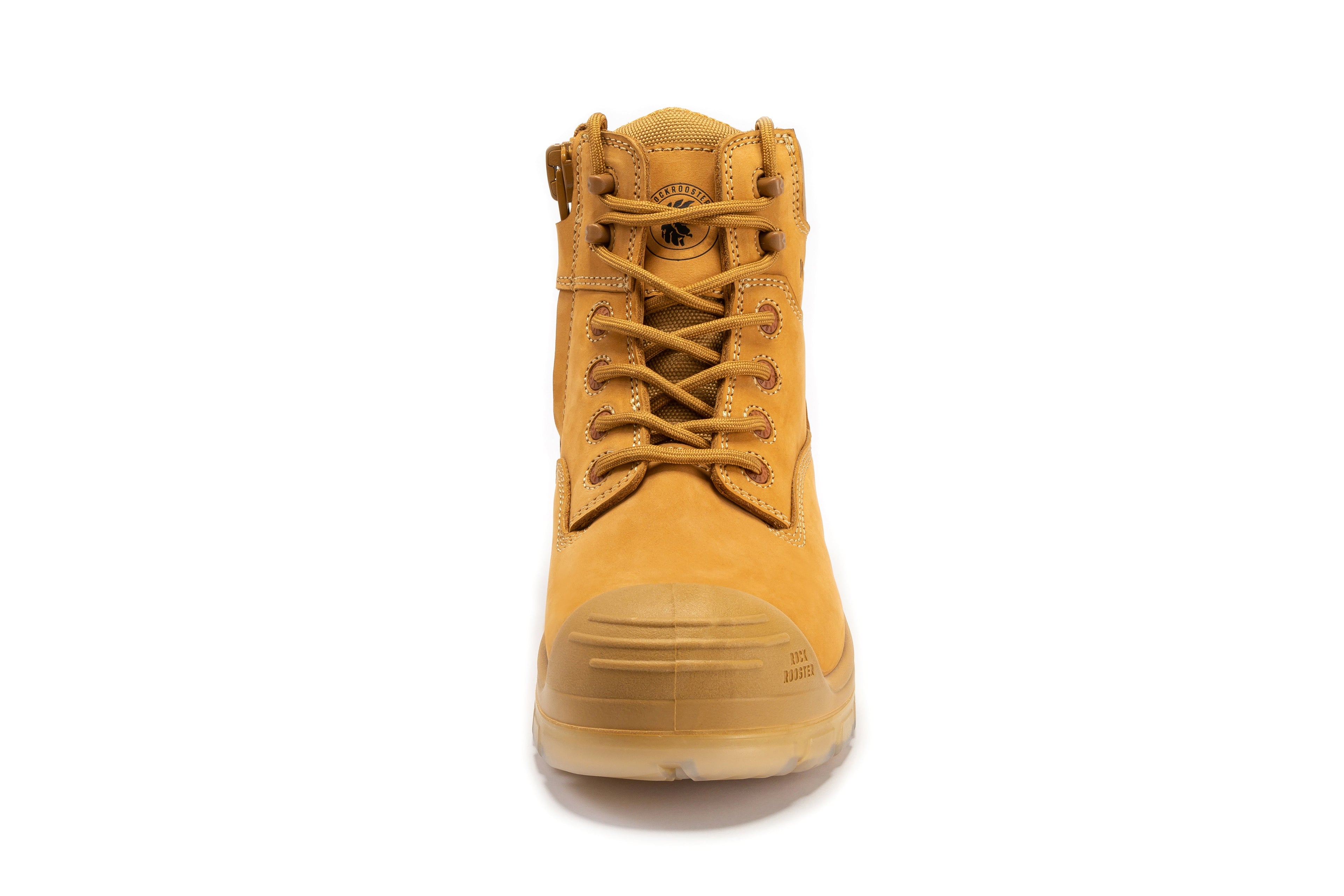 Woodland Wheat 6-inch composite toe leather work boots by Rock Rooster with zip-sided design and sturdy construction.