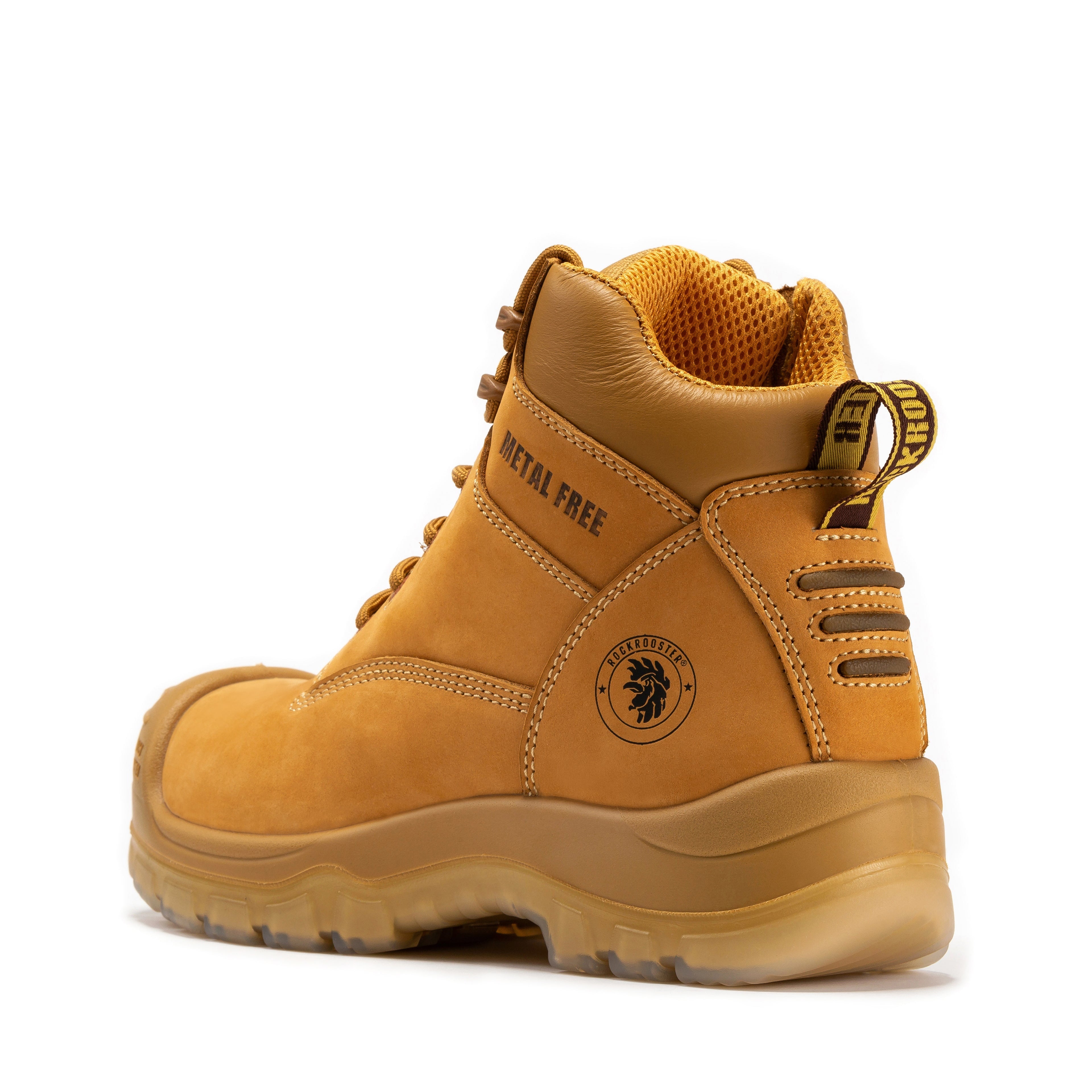 Woodland Wheat 6-inch composite toe leather work boots by Rock Rooster, with side zipper and rugged design.