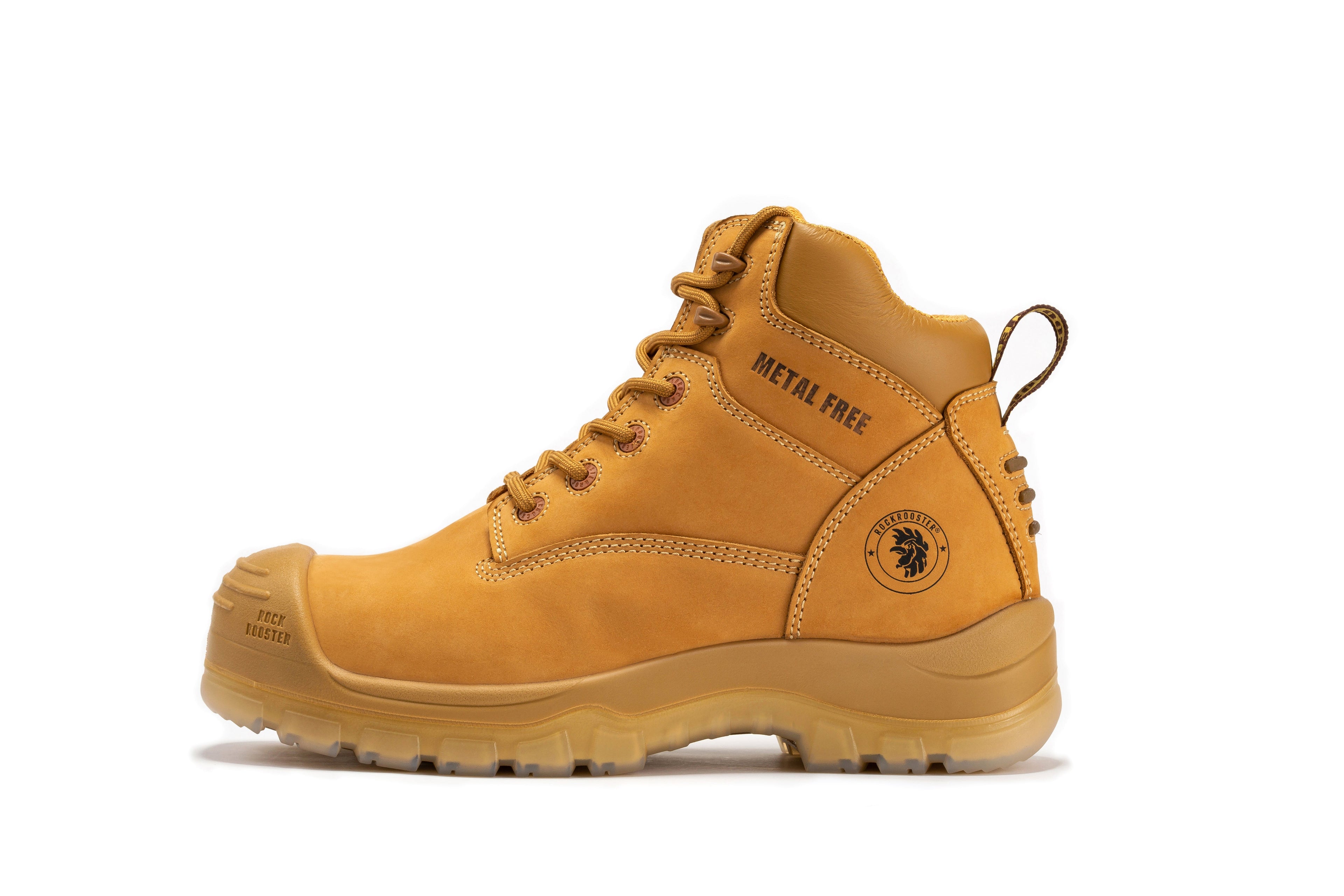 Woodland Wheat Rock Rooster 6-inch composite toe leather work boots with side zipper and sturdy design.