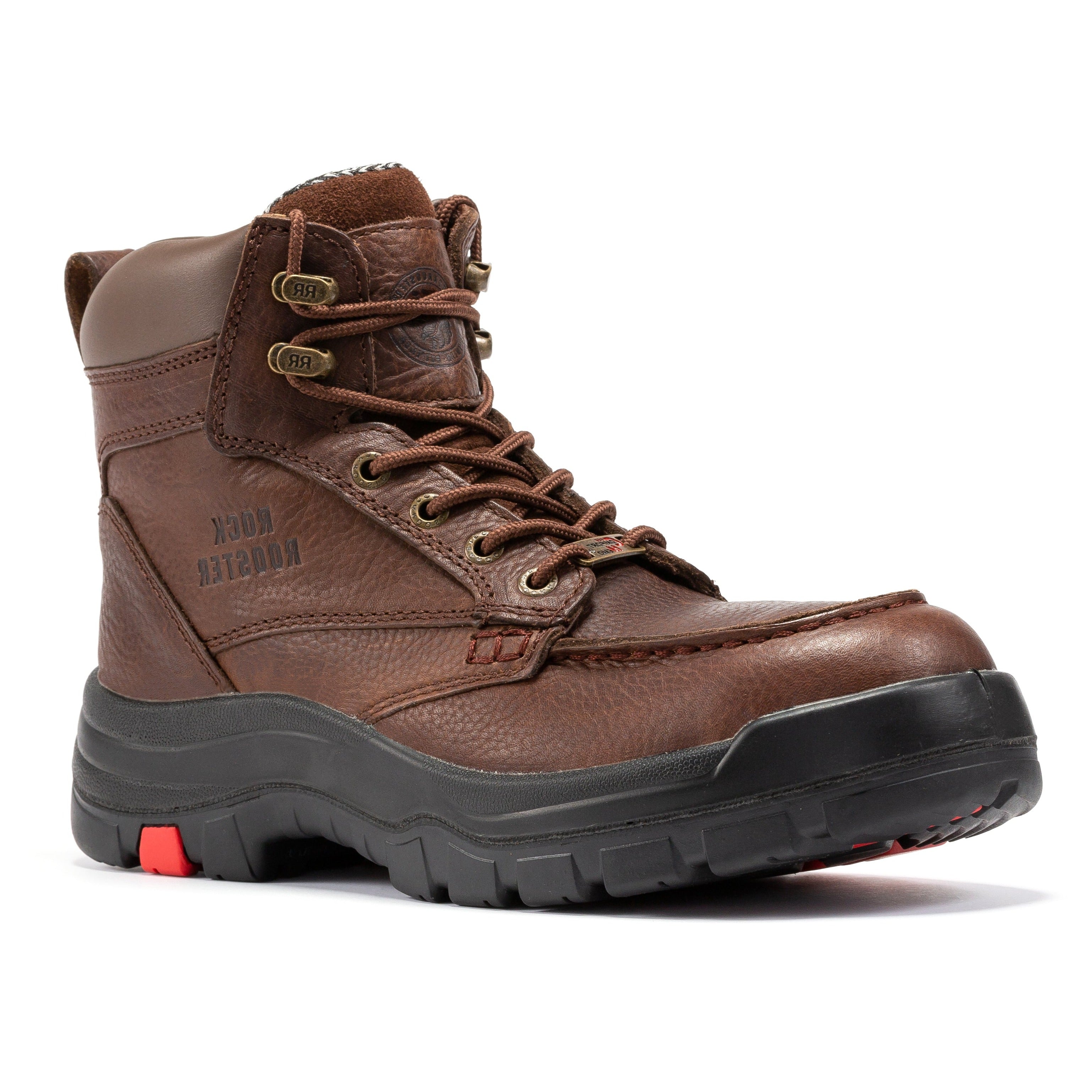 Rock Rooster Zumbro 6-inch work boots with soft toe, rubber outsole, EH protection, ASTM 2892 safety standards.