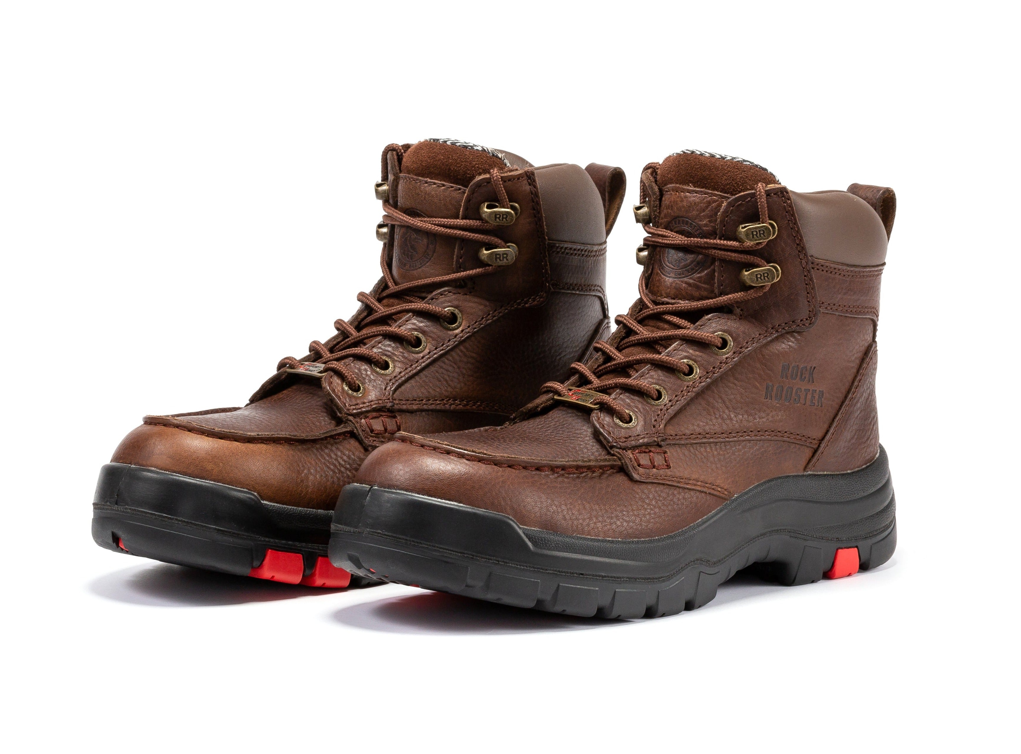Rock Rooster Zumbro 6-inch wide work boots with soft toe, rubber outsole, EH protection, ASTM 2892 safety standards.