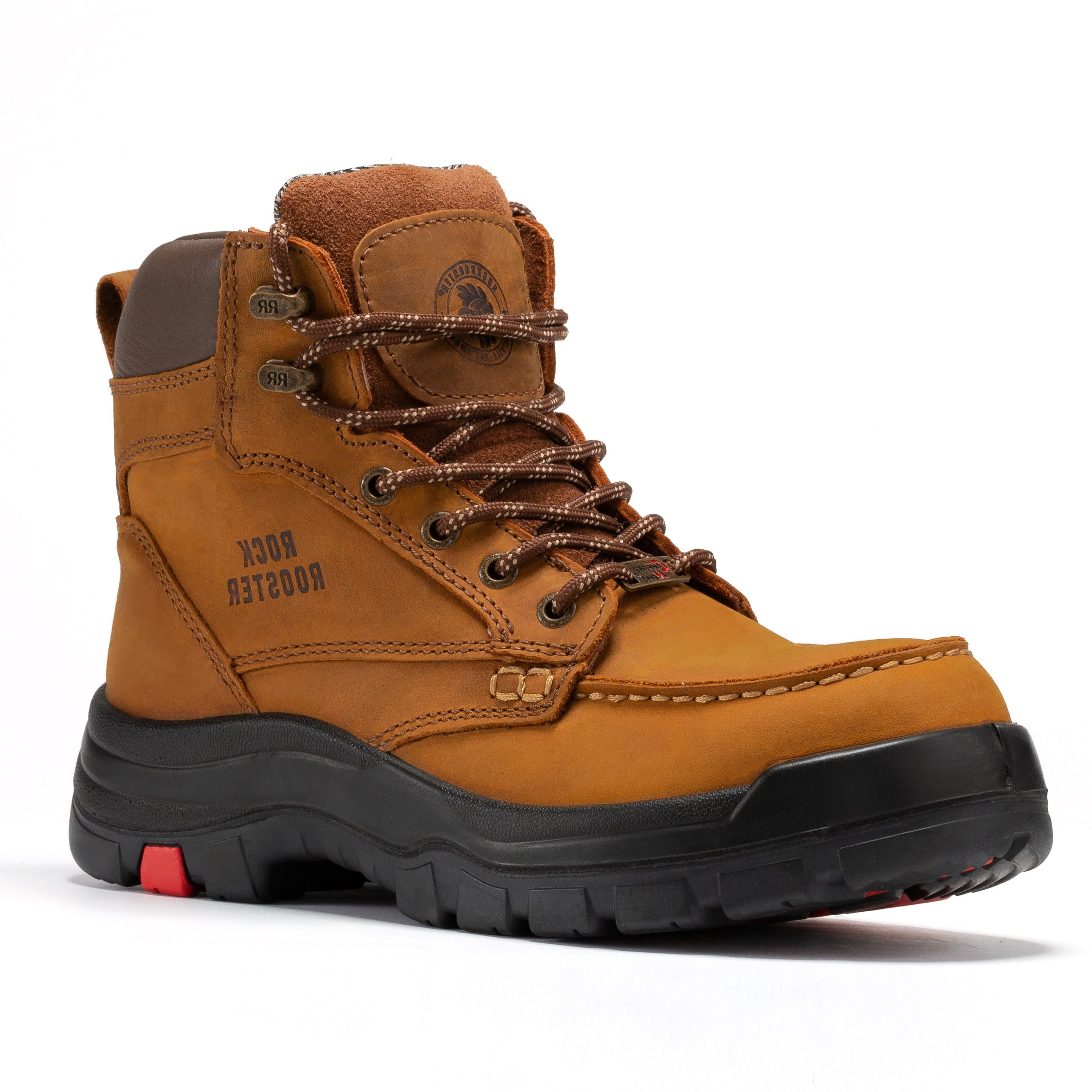 RockRooster Zumbro work boots with 6-inch steel toe, rubber outsole, EH protection, and ASTM 2413 safety standards.